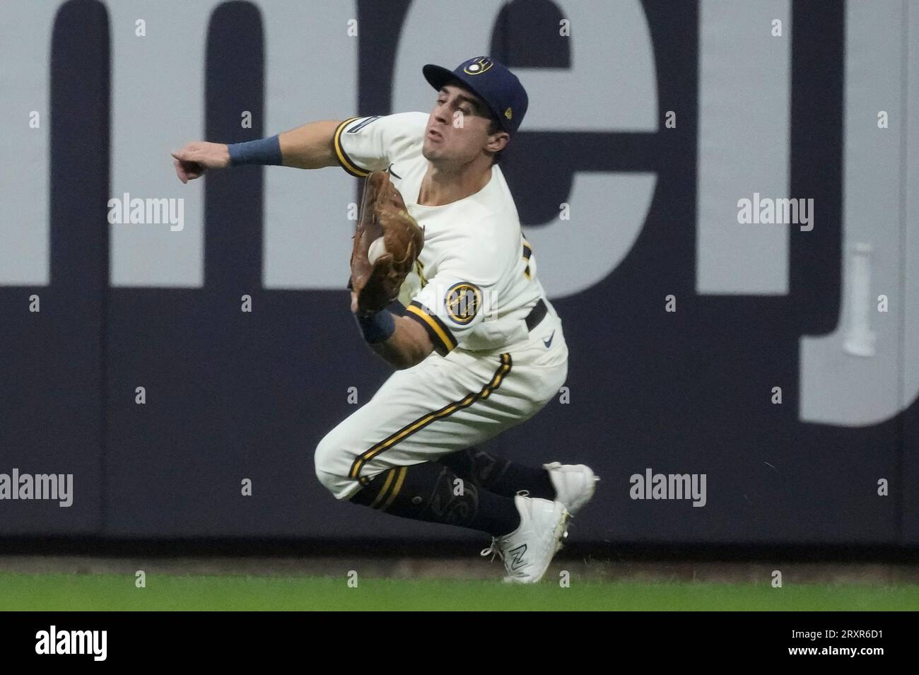 Milwaukee Brewers' Sal Frelick makes a running catch on a ball hit by ...