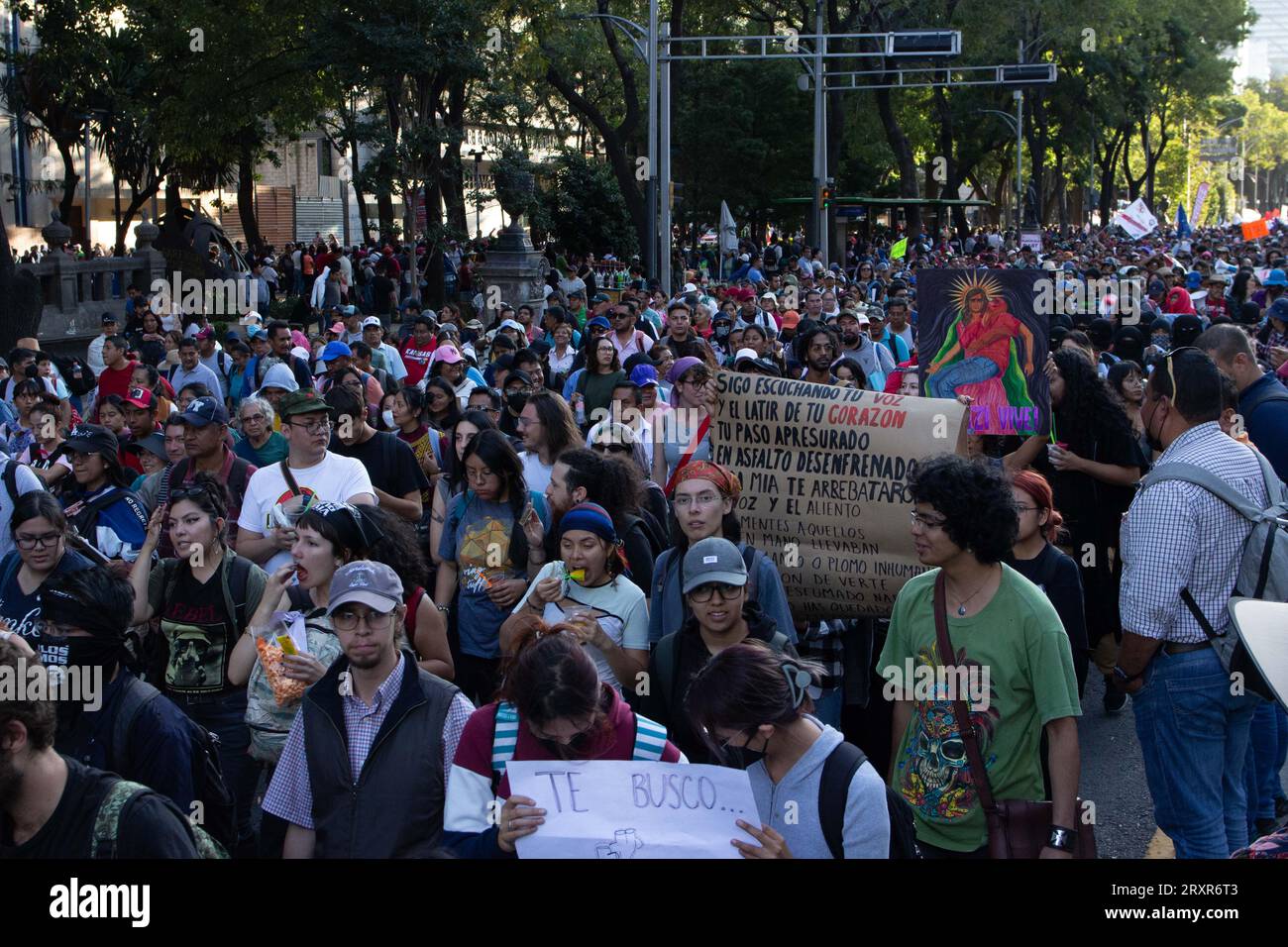 Protests Mexico City on the 9th anniversary of the 43 disappeared students from Ayotzinapa. September 26, 2023 Ciudad Mexico Stock Photo