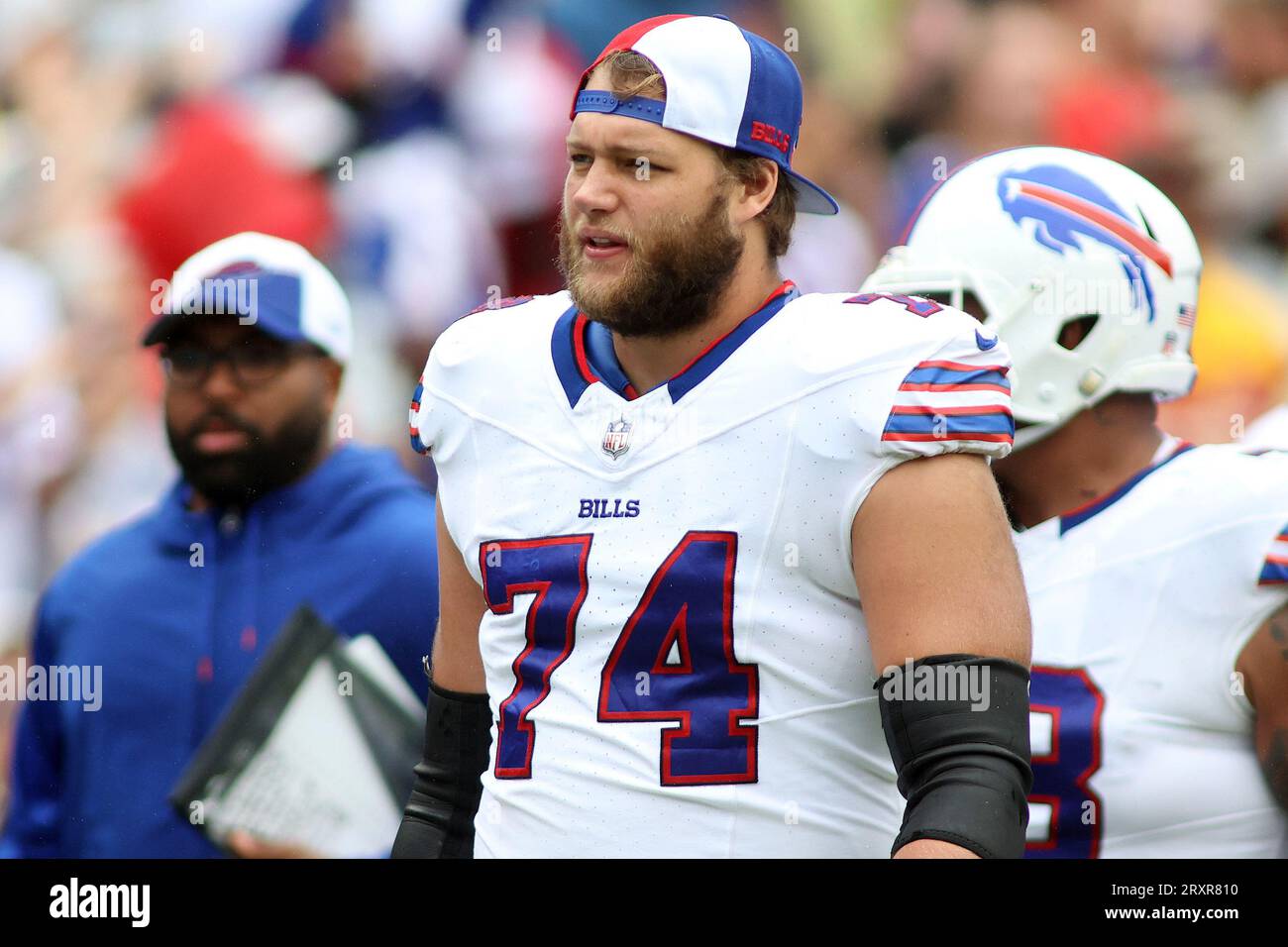 Buffalo Bills offensive tackle Ryan Van Demark (74) guards Chicago Bears  offensive tackle Josh Lugg (63) during an NFL football preseason game  against the Buffalo Bills, Saturday, Aug. 26, 2023, in Chicago. (