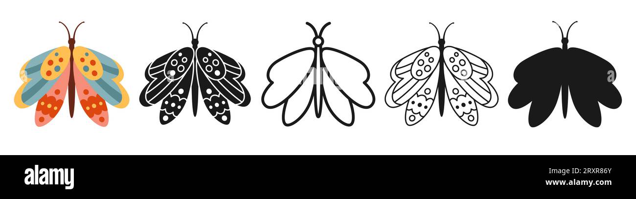 Butterfly stylized retro fantasy set. Mystical bohemian moth symbol insect wings with ornament. Colored, silhouette or symbol, doodle tattoo line ornate celestial moth. Ornate decoration trendy vector Stock Vector
