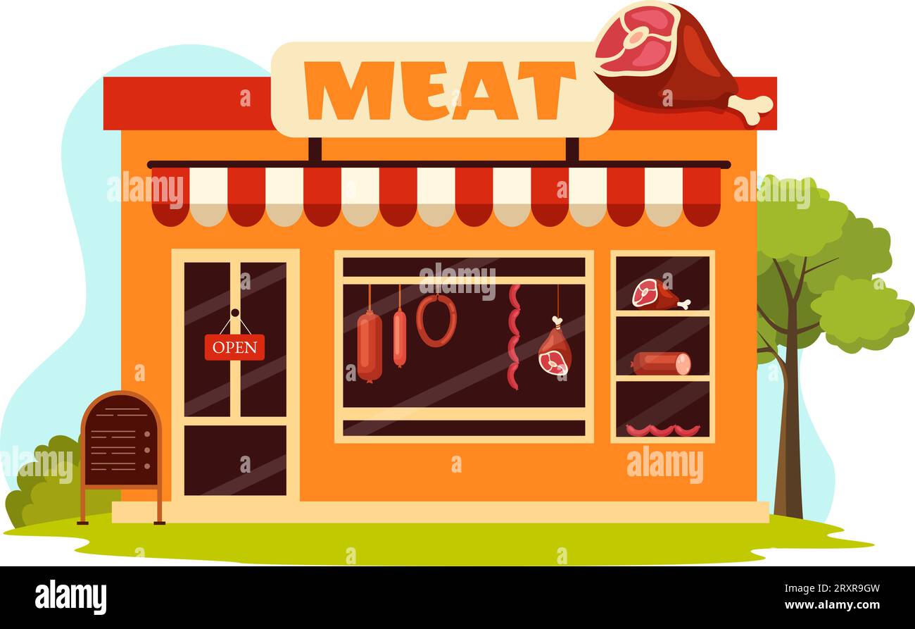 Meat Shop or market Vector Illustration with Various Fresh Meats