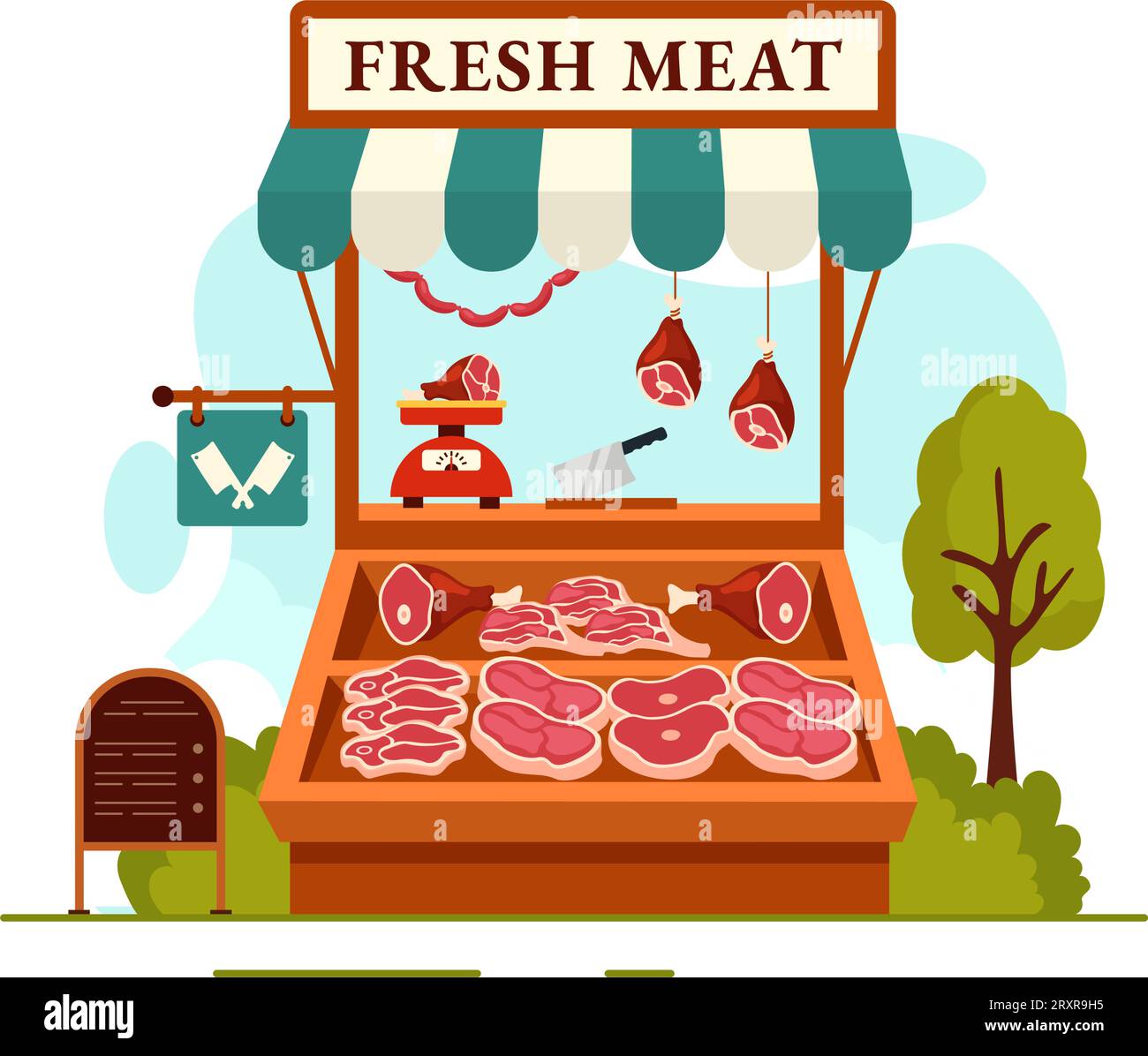 Meat Shop or market Vector Illustration with Various Fresh Meats