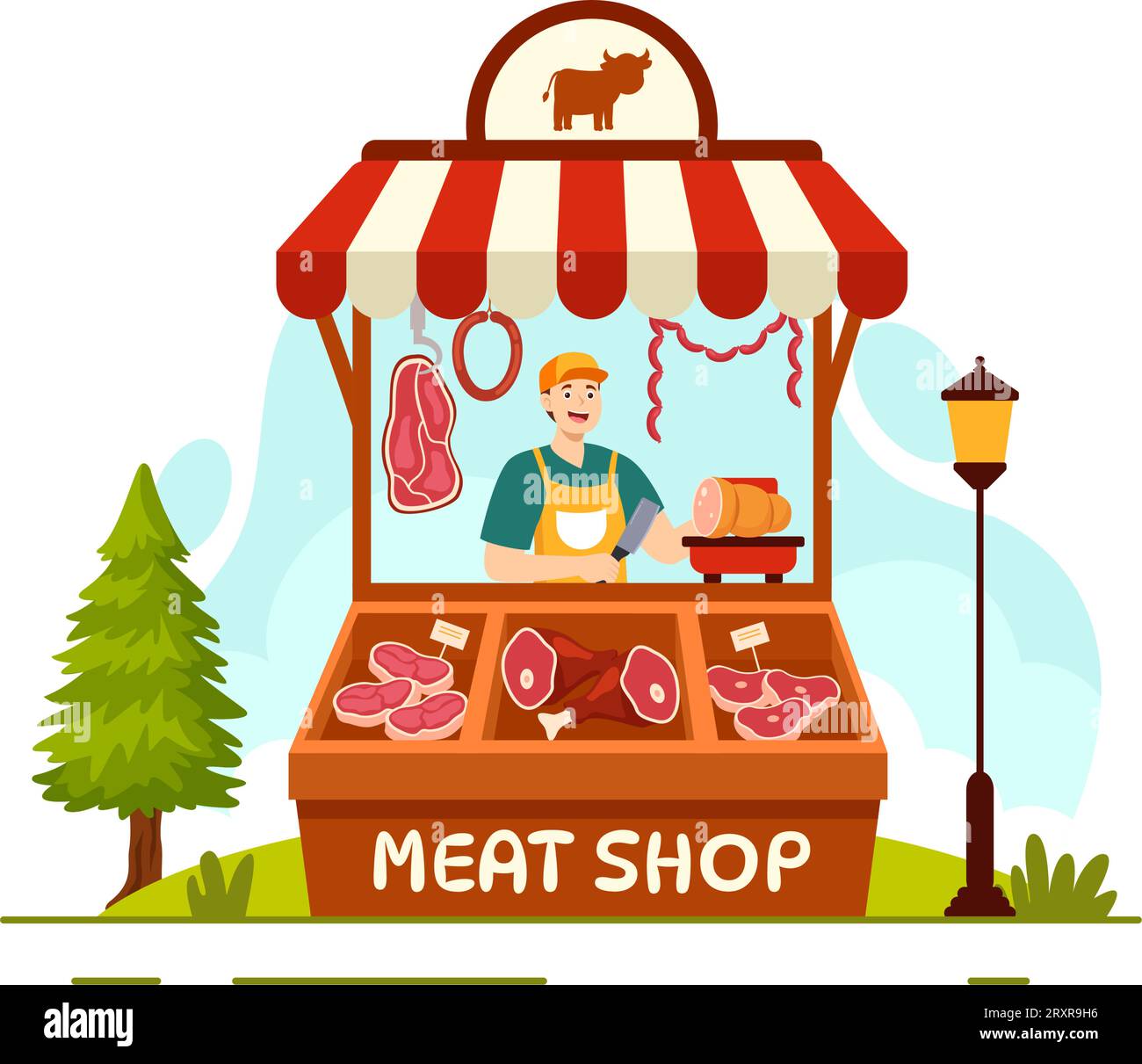 Meat Shop or market Vector Illustration with Various Fresh Meats