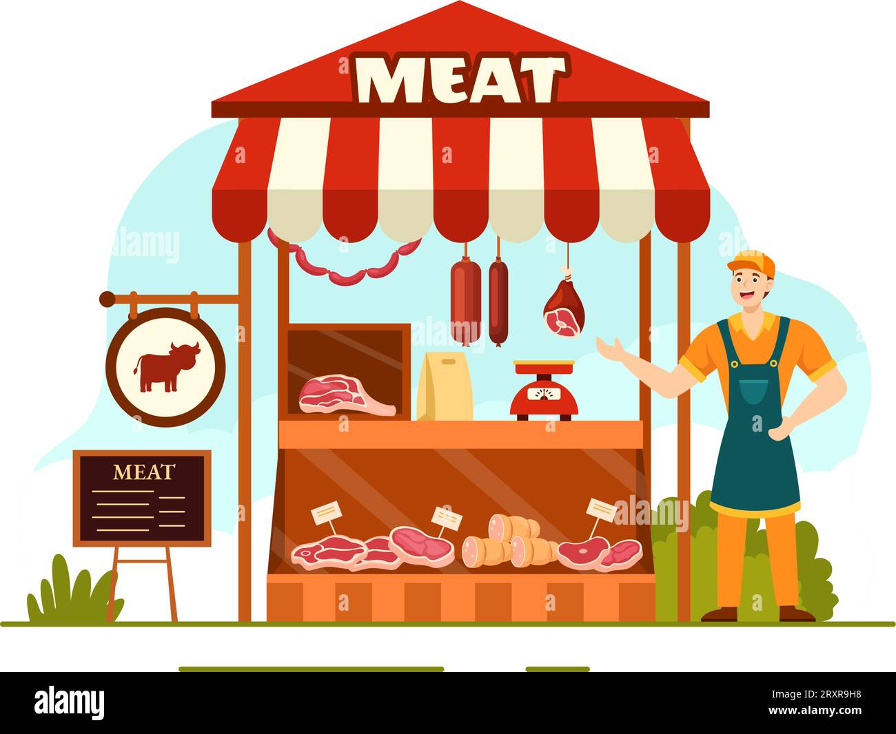 Meat Shop or market Vector Illustration with Various Fresh Meats