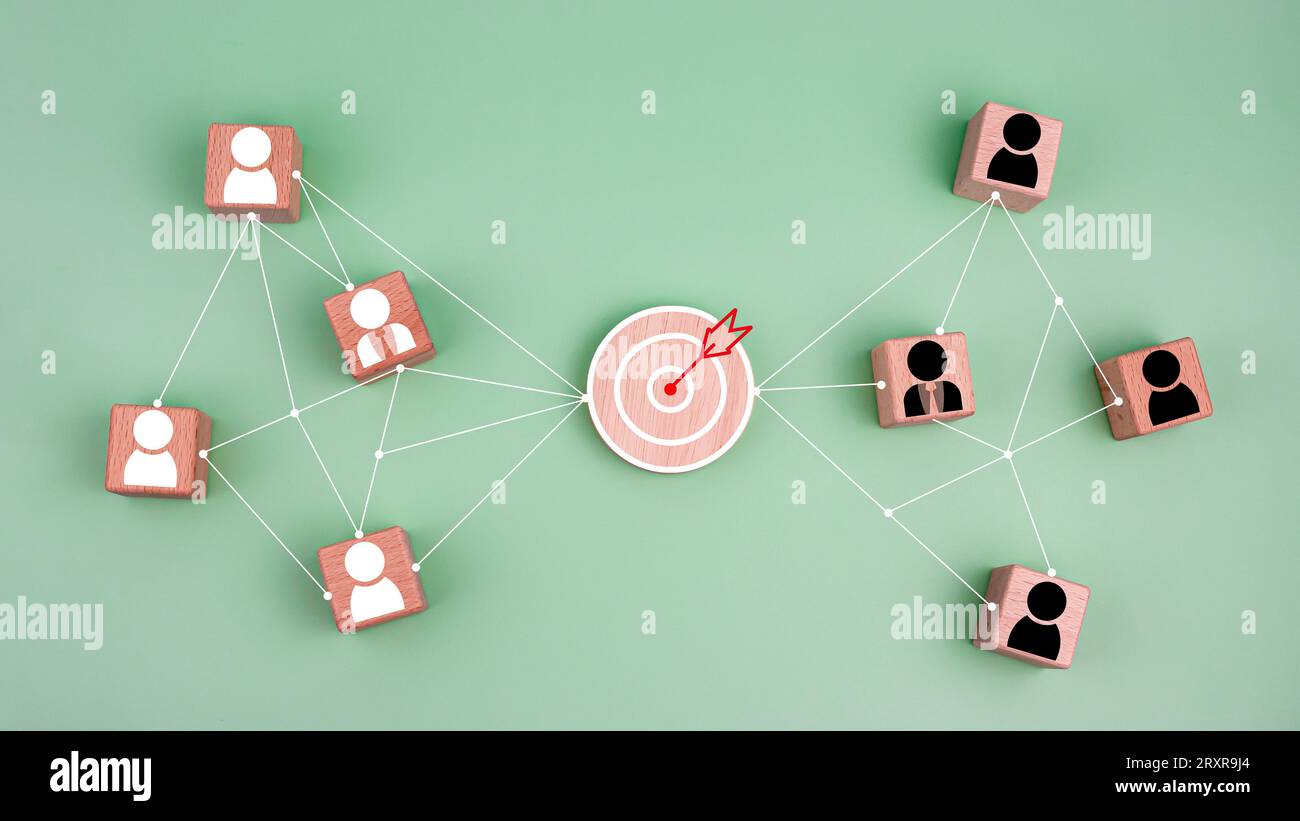 wooden block which prints a target icon connection linkage with human ...