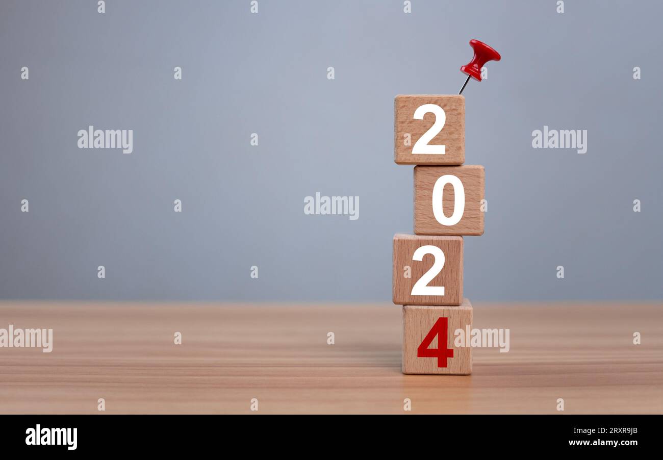 Wooden blocks lined up with the letters 2024. Represents the goal