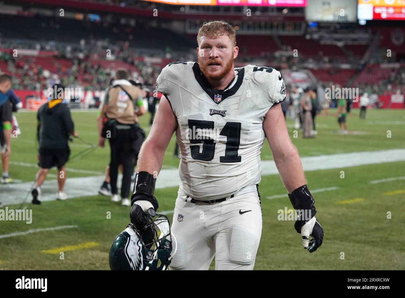 Philadelphia Eagles center Cam Jurgens (51) stands on the sideline during  an NFL preseason football game against the Cleveland Browns, Sunday, Aug.  21, 2022, in Cleveland. (AP Photo/Kirk Irwin Stock Photo - Alamy