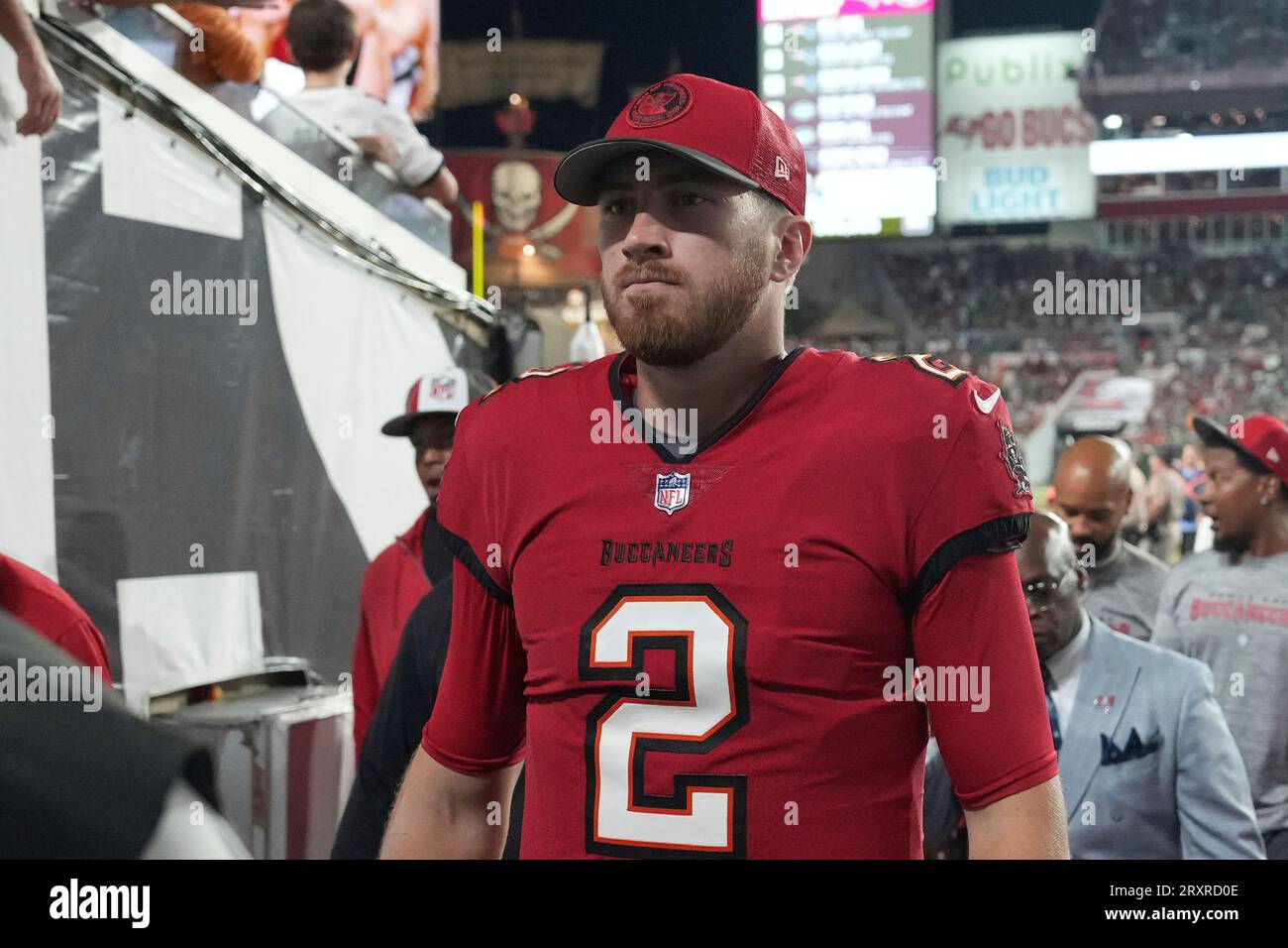 Tampa Bay Buccaneers quarterback Kyle Trask (2)exists the field at half ...