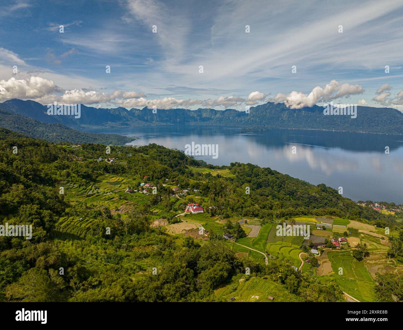 Aerial view of beautiful blue Maninjau lake and farmland in a volcano ...
