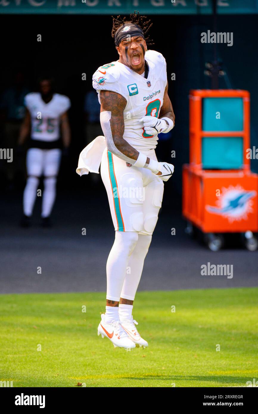 Miami Dolphins free safety Jevon Holland (8) walks off the field