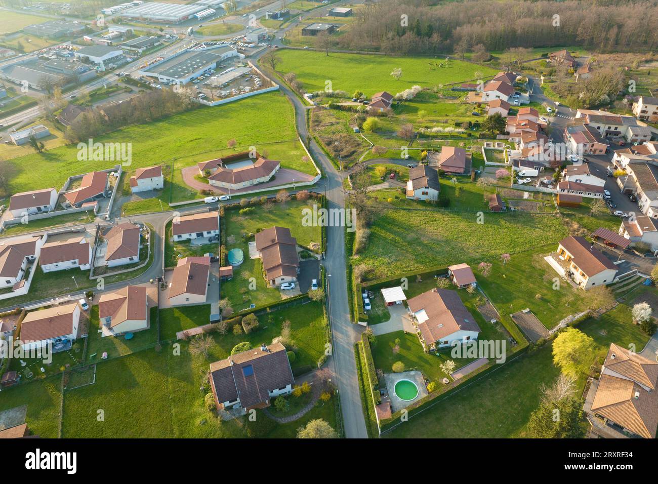 Aerial view of residential houses in green suburban rural area Stock ...