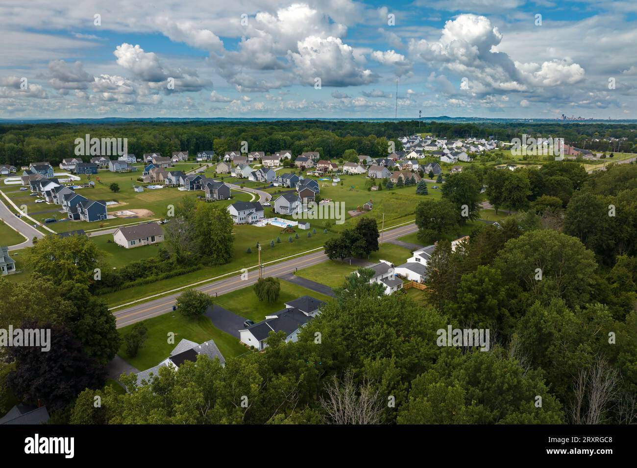 Top view of expensive two story private houses in Rochester NY suburbia. New family homes in