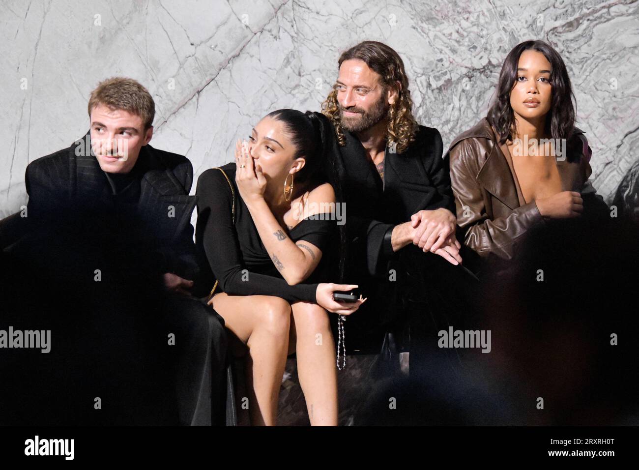 Paris, France. 26th Sep, 2023. Rocco Ritchie, Lourdes Ciccone Leon, Matthew Avedon, Laura Harrier attend the Saint Laurent Womenswear Spring-Summer 2024 show as part of Paris Fashion Week on September 26, 2023 in Paris, France. Photo by Jana Call me J/ABACAPRESS.OM Credit: Abaca Press/Alamy Live News Stock Photo