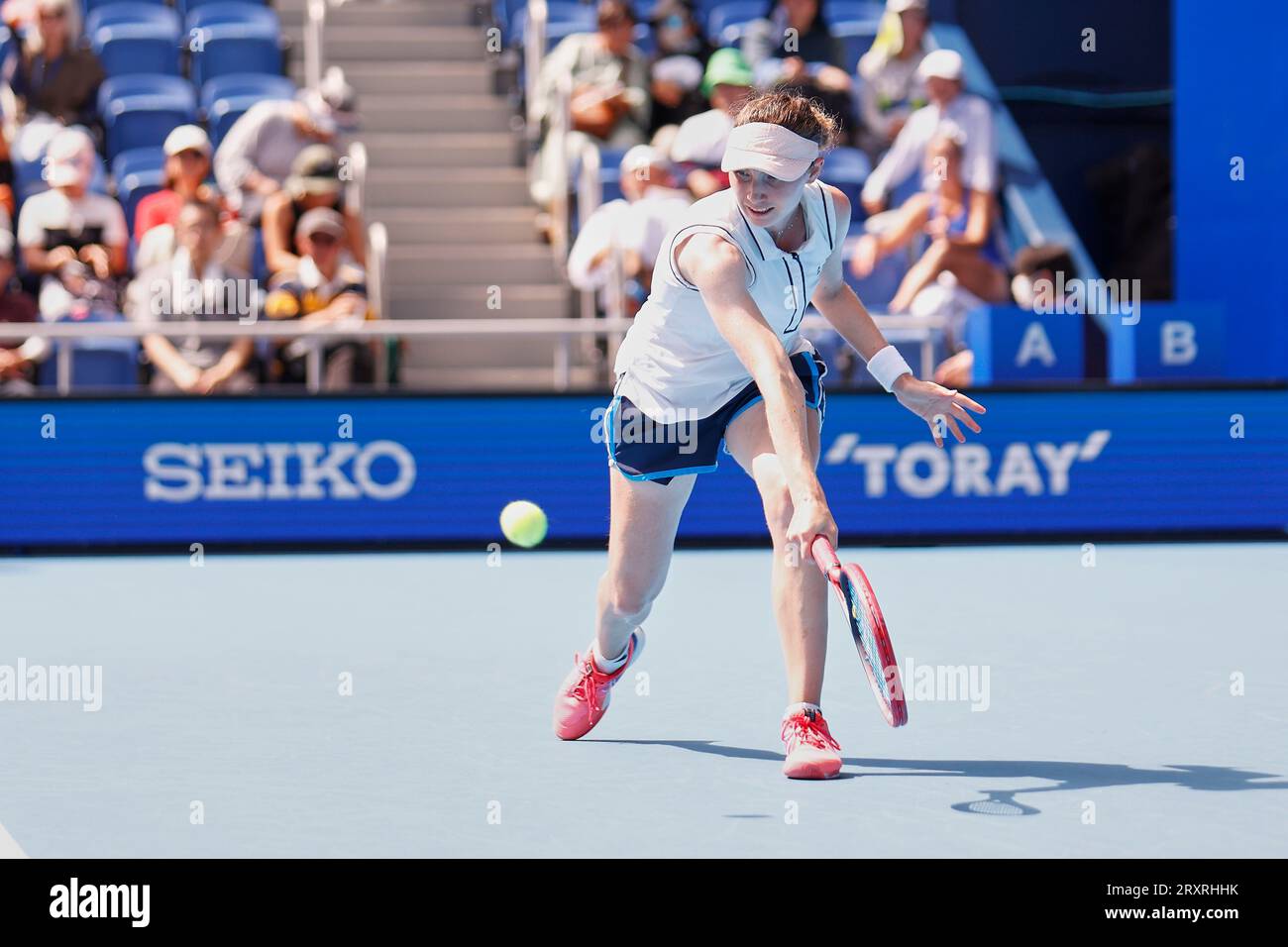 Tokyo, Japan. 27th Sep, 2023. Cristina BUCSA (ESP) hits a return against Jessica PEGULA (USA) during their women's singles match of the Toray Pan Pacific Open Tennis Tournament 2023 at the Ariake Coliseum. The tournament is held from September 25 to October 1st. Pegula won 6-1, 6-2. (Credit Image: © Rodrigo Reyes Marin/ZUMA Press Wire) EDITORIAL USAGE ONLY! Not for Commercial USAGE! Stock Photo