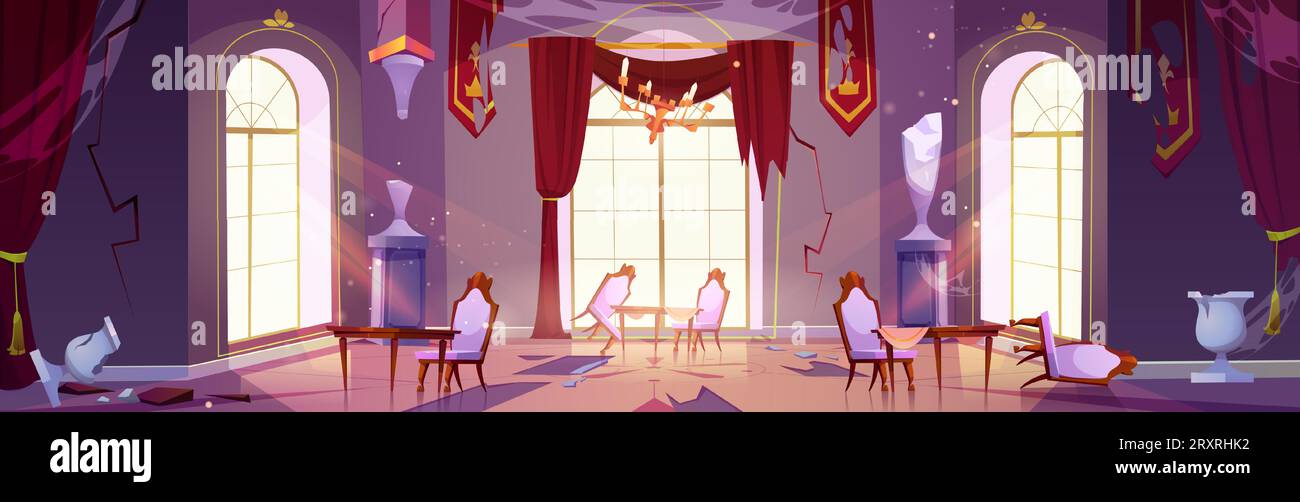Abandoned and broken ballroom interior. Cartoon vector of destroyed and deserted banquet hall with smashed tables and chairs, torn curtains and pennants, cracks on walls, garbage and cobwebs. Stock Vector