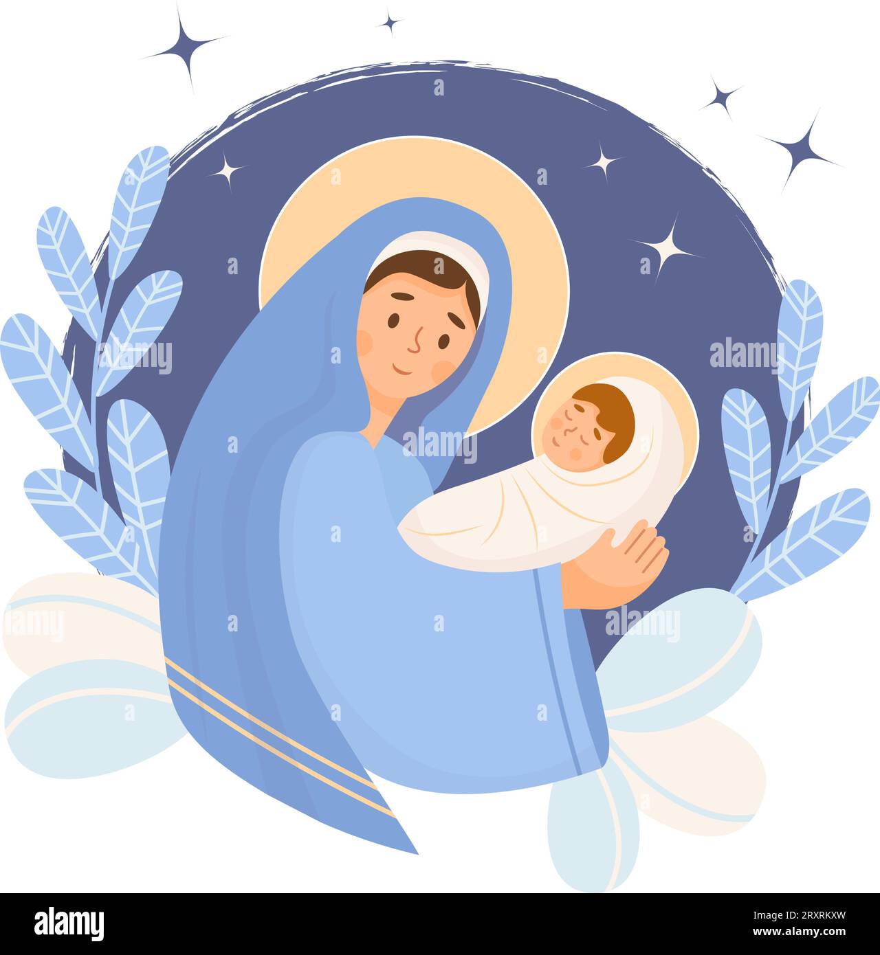 Christmas. Virgin Mary and baby Jesus. Birth of Savior Christ. Holy