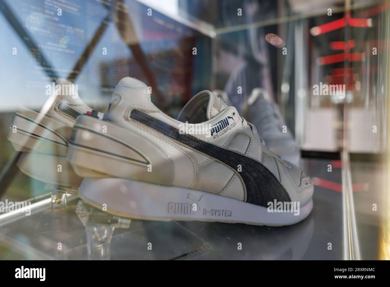 Herzogenaurach, Germany. 20th Sep, 2023. The RS Computer running shoe from  1986 stands in a display case at sporting goods manufacturer Puma. A  microchip in the heel of the shoe could record