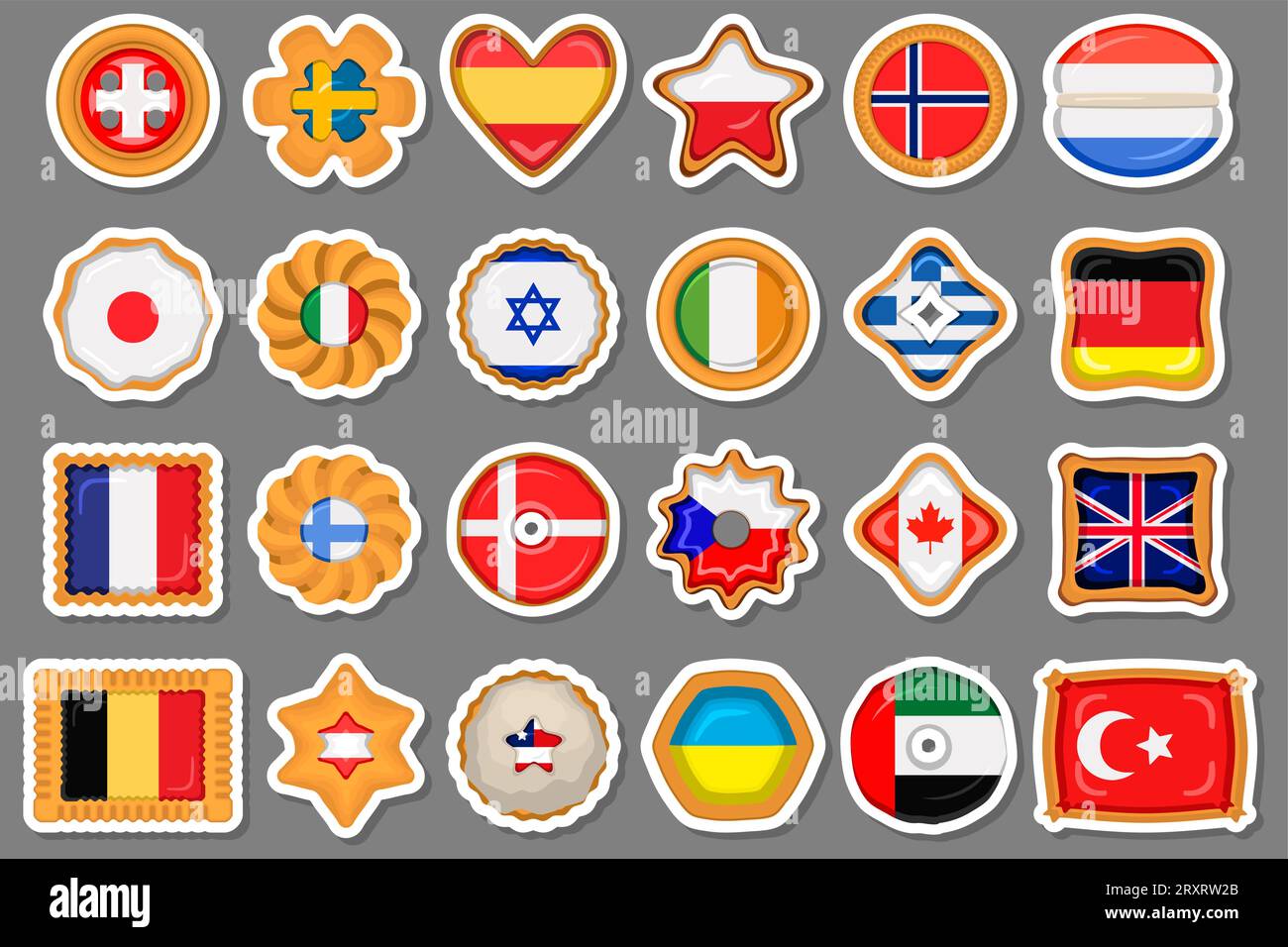 Set homemade cookie with flag country world in tasty biscuit, cookie consist of sign flag country world on natural biscuit, fresh biscuit cookie with Stock Vector