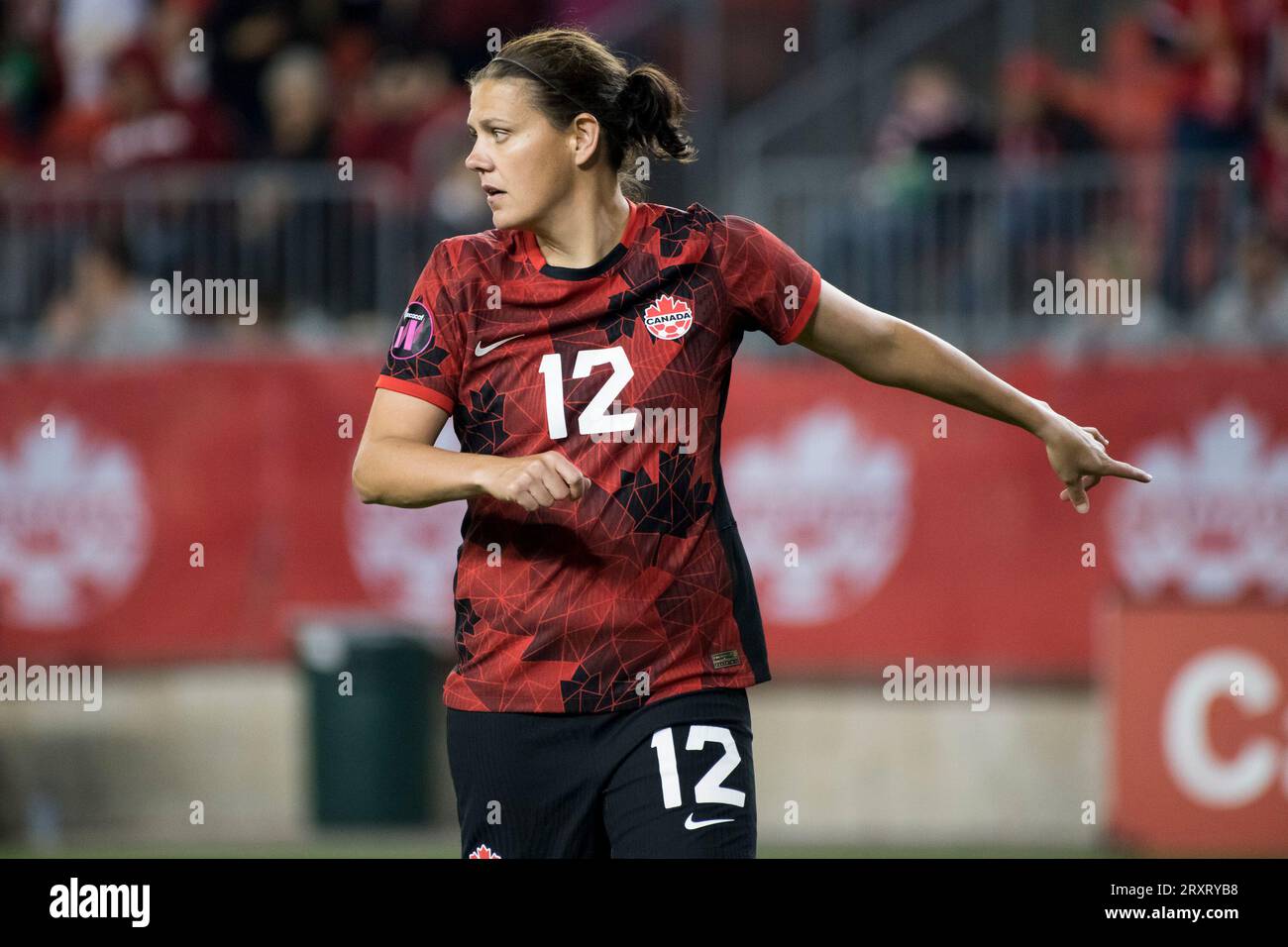 Christine Sinclair #12 in action during the CONCACAF Women's Championship 2024 Olympic qualifier between Canada and Jamaica at BMO field in Toronto. The game ended 2-1 for Canada sending it to the Paris 2024 Olympic Games Stock Photo