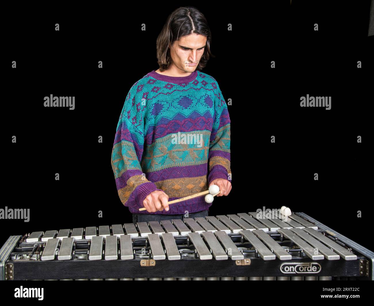 Young jazz musician playing the vibraphone in his private rehearsal