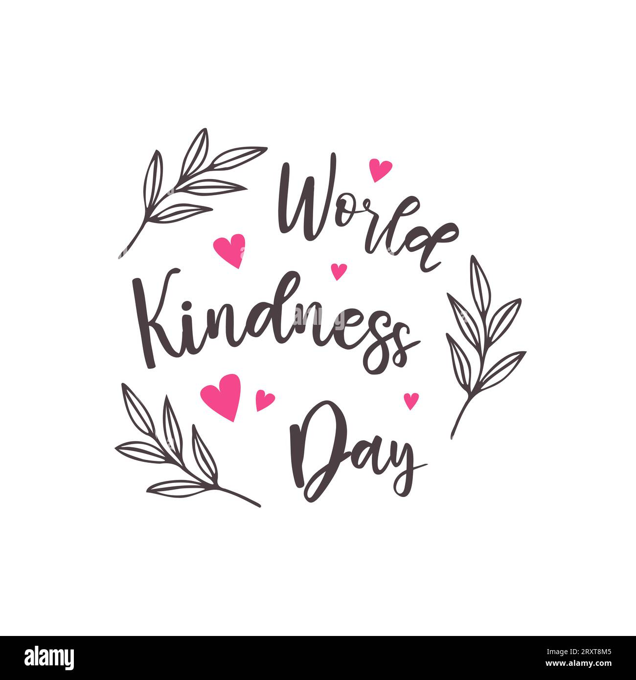 World kindness day . Lettering and doodle twigs and heart. Isolated, white background. Vector