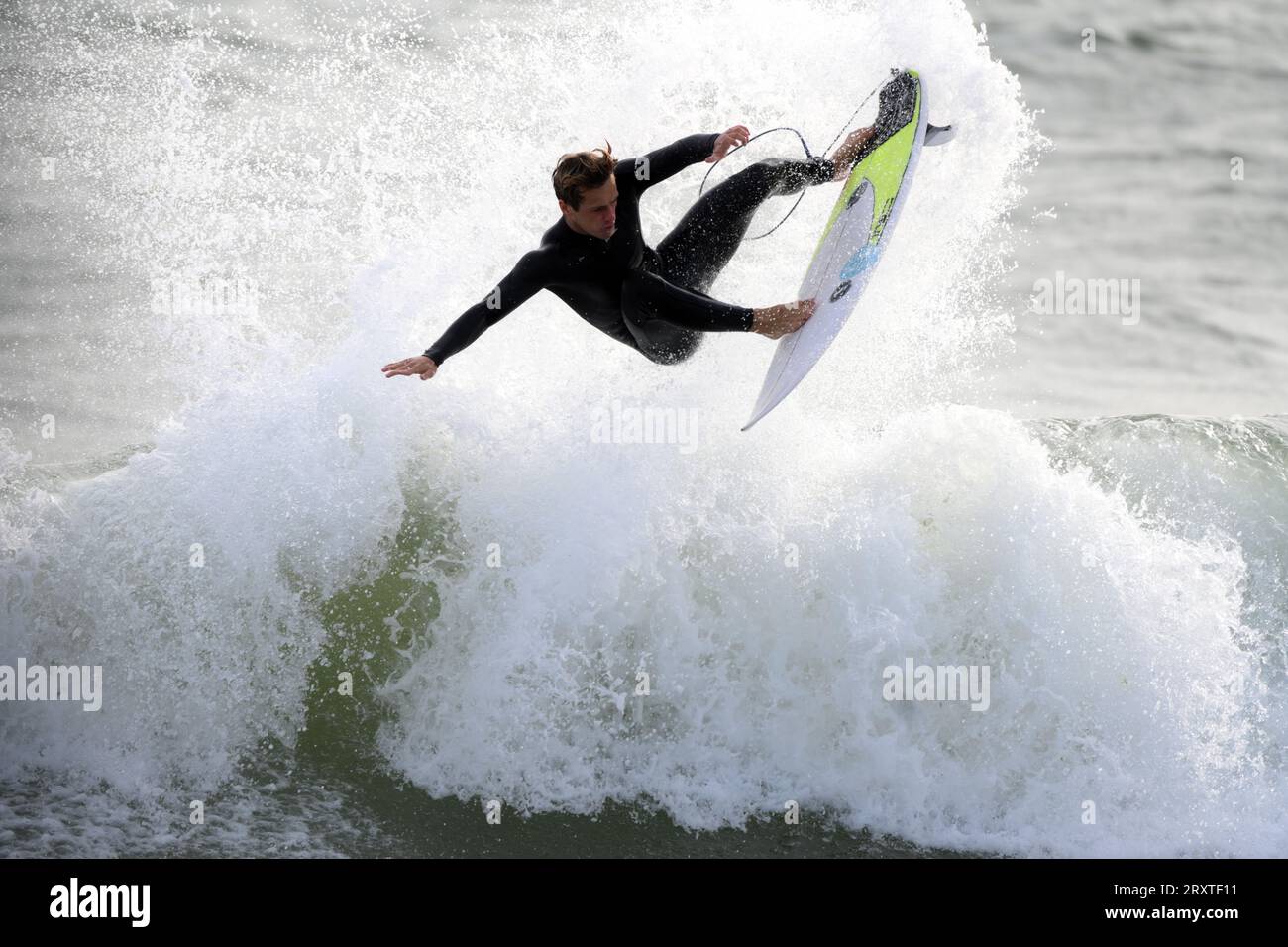 Surfer Patrick Langdon Dark performs at local Welsh break in readiness