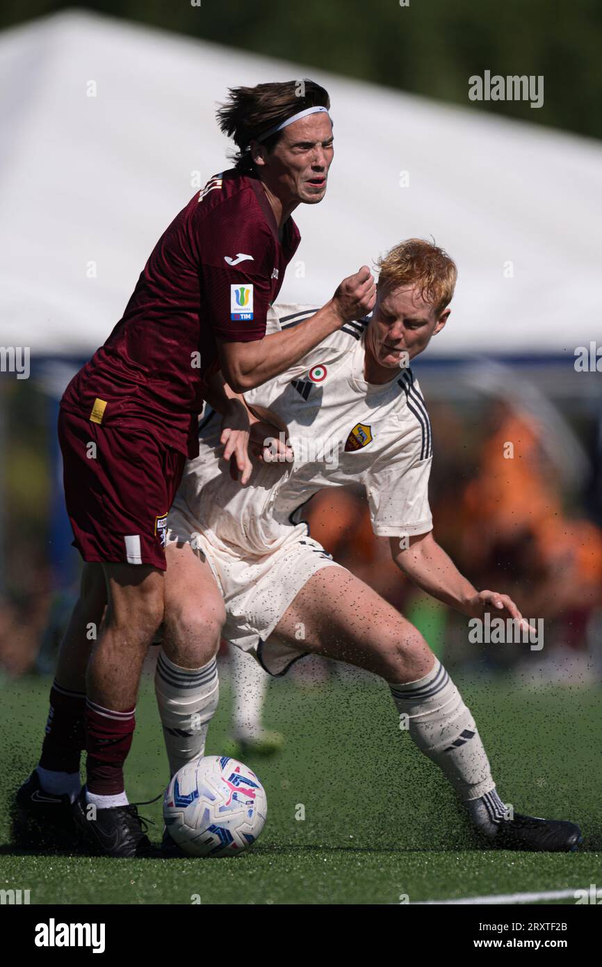 Marcel Ruszel of Torino FC U19 competes for the ball with Lovro Golic of AS Roma U19 during the Primavera 1 football match between Torino FC U19 and AS Roma U19. Stock Photo