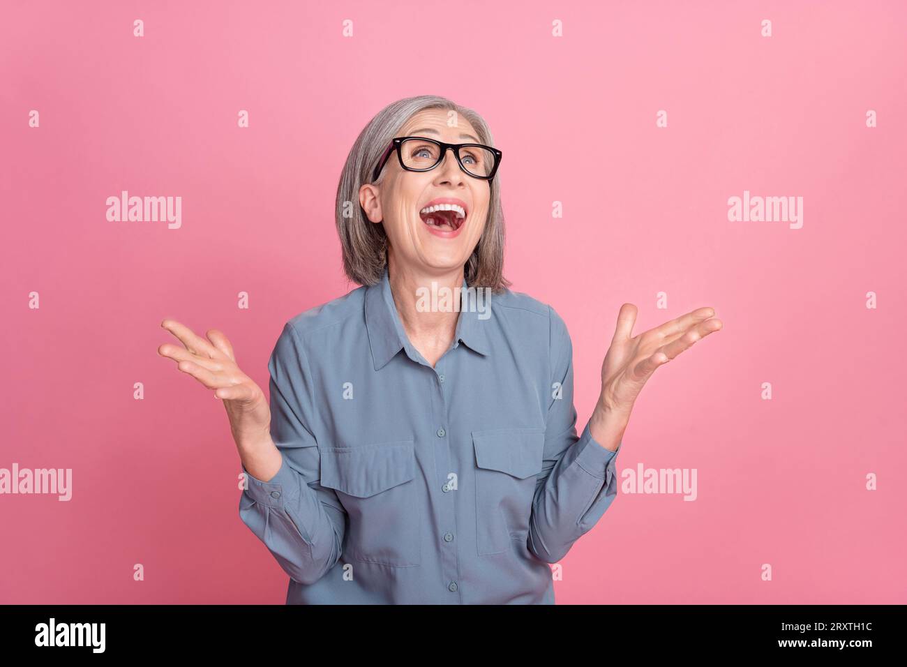Photo of overjoyed cheerful ecstatic lady dressed stylish clothes ...