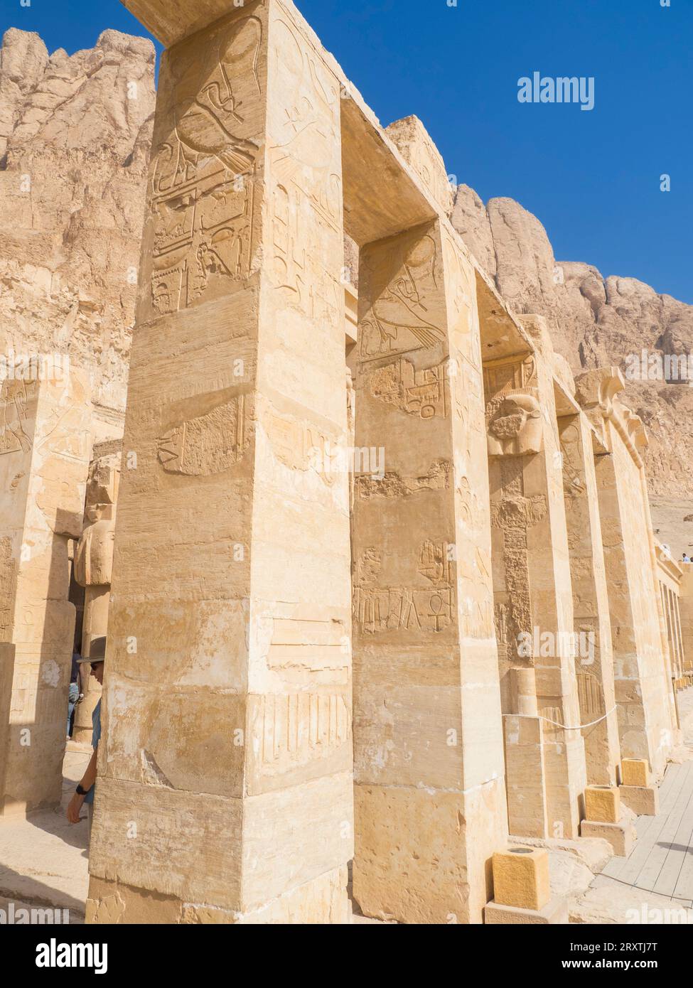 Columns in the shrine to Hathor on the upper terrace of the mortuary temple of Hatshepsut in Deir al-Bahri, UNESCO World Heritage Site, Thebes Stock Photo