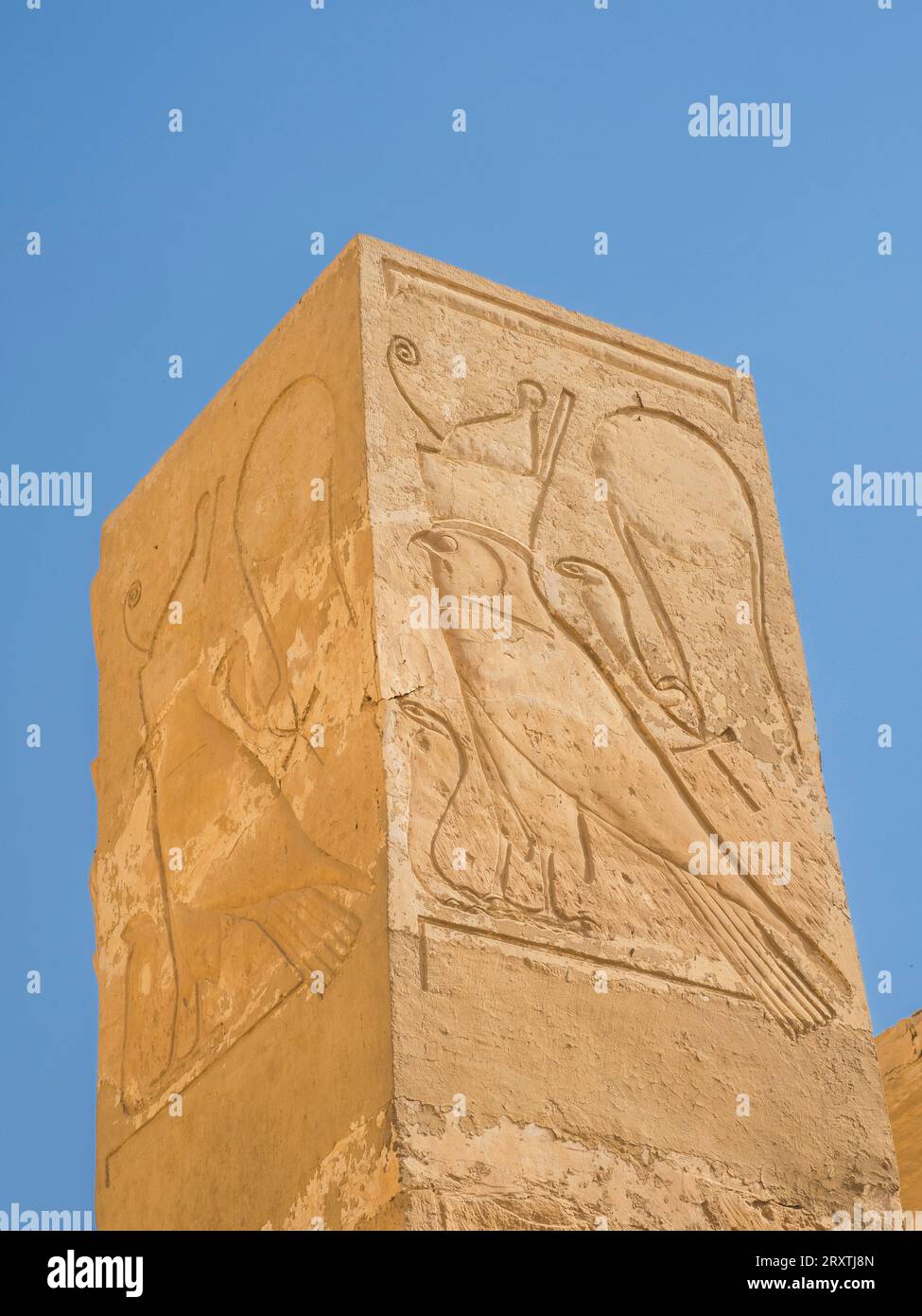 Columns in the shrine to Hathor on the upper terrace of the mortuary temple of Hatshepsut in Deir al-Bahri, UNESCO World Heritage Site, Thebes Stock Photo