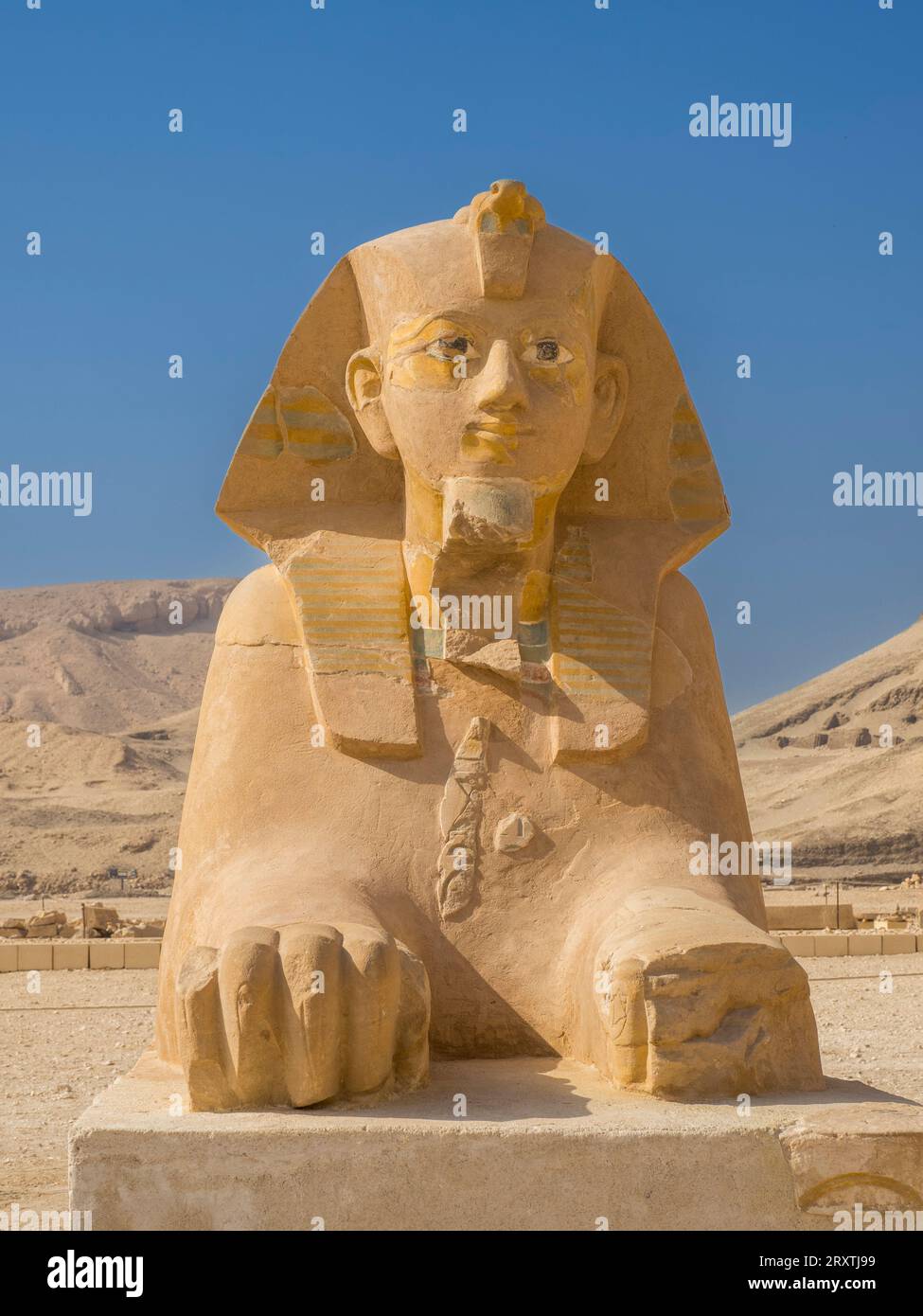 Sphinx at the base of the mortuary temple of Hatshepsut in Deir al-Bahri, built during the reign of Pharaoh Hatshepsut, UNESCO, Thebes Stock Photo