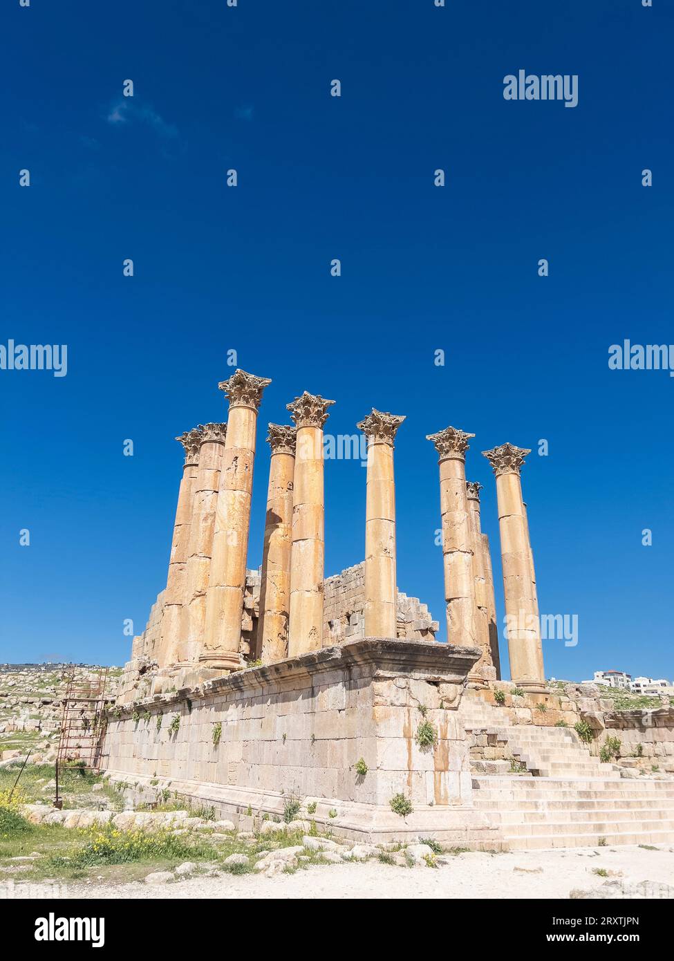 Columns frame a building in the ancient city of Jerash, believed to be founded in 331 BC by Alexander the Great, Jerash, Jordan, Middle East Stock Photo
