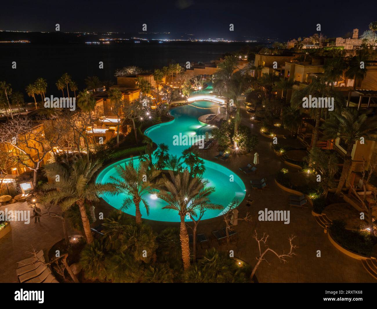 Night at the Kempinski Hotel Ishtar, a five-star luxury resort by the Dead Sea inspired by the Hanging Gardens of Babylon, Jordan, Middle East Stock Photo