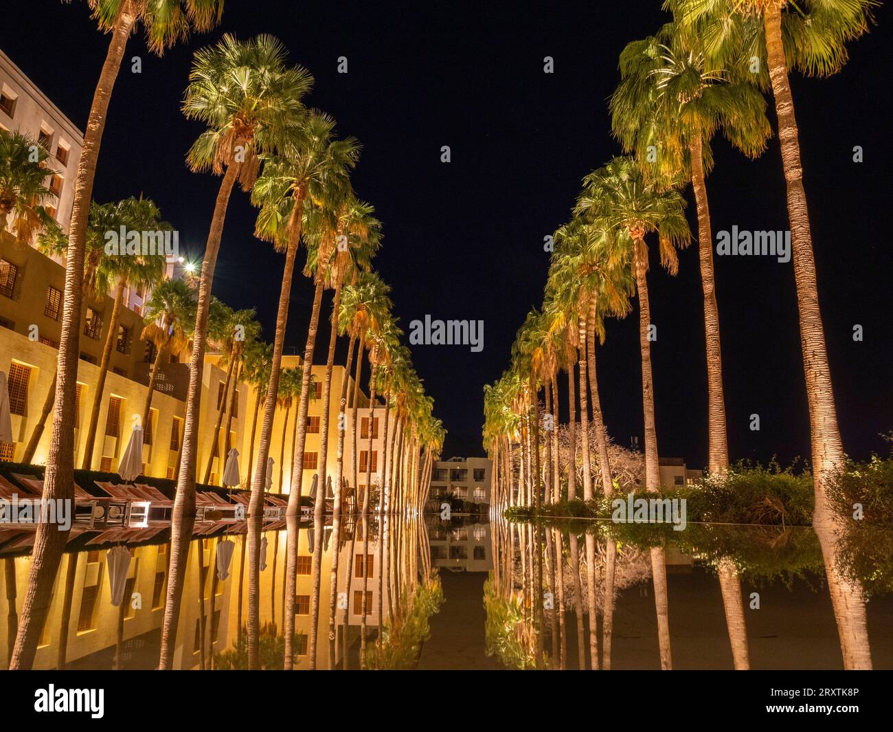Night at the Kempinski Hotel Ishtar, a five-star luxury resort by the Dead Sea inspired by the Hanging Gardens of Babylon, Jordan, Middle East Stock Photo