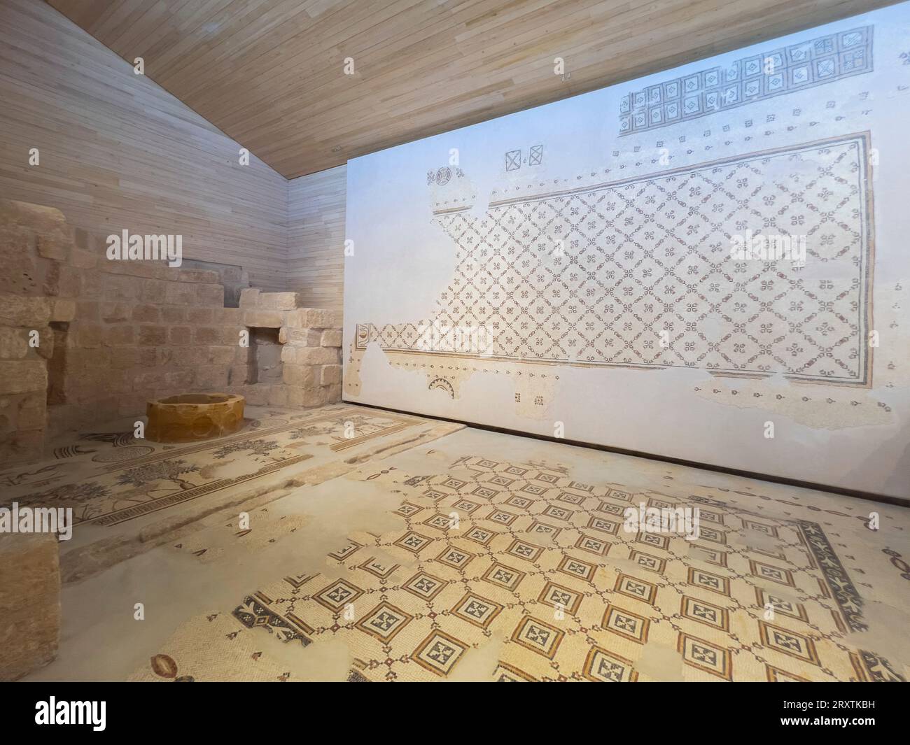 Interior view of the Christian church from Byzantine times that stands on the top of Mount Nebo, Jordan, Middle East Stock Photo