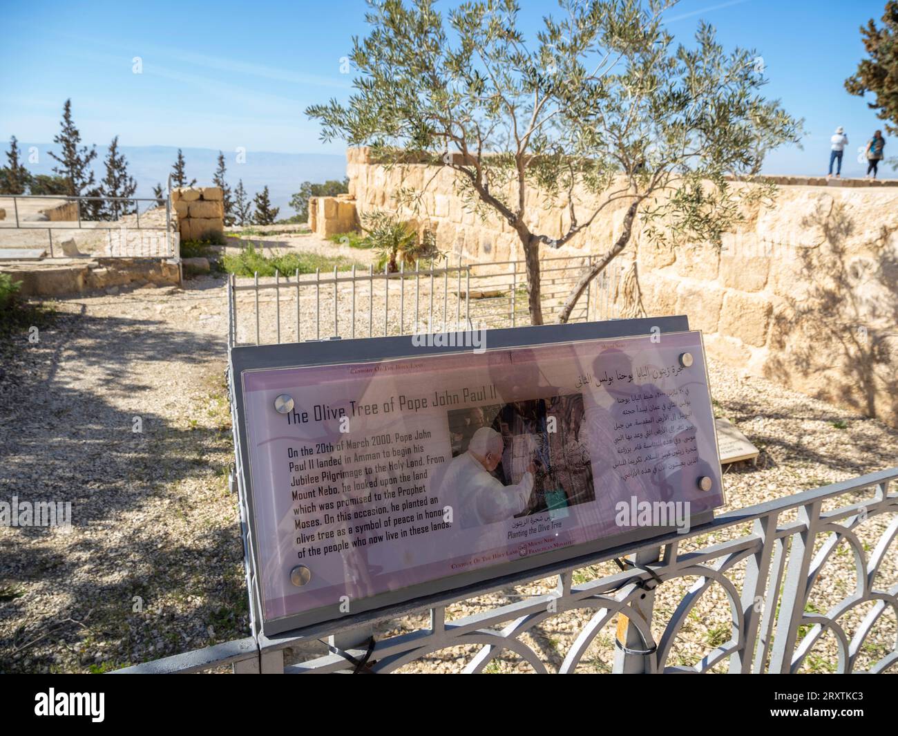 Olive tree and sign commemorating the visit of Pope John Paul II on 20 March 2000 to the summit of Mount Nebo during his pilgrimage to the Holy Land Stock Photo