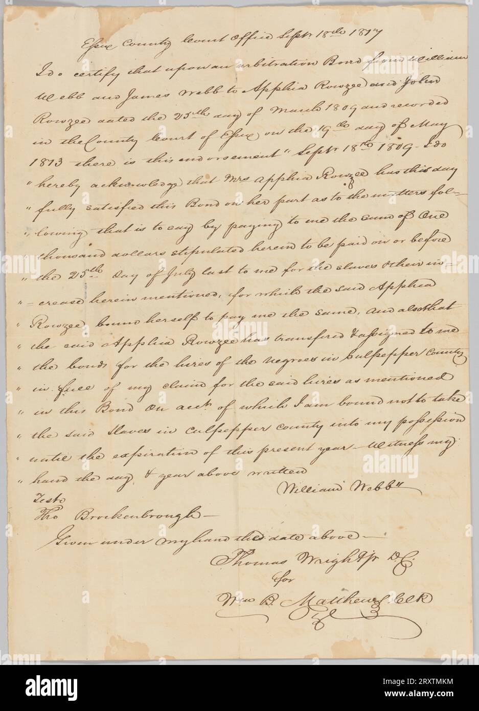 Transcript of court record regarding payment for the hire of enslaved persons September 18, 1817 Stock Photo