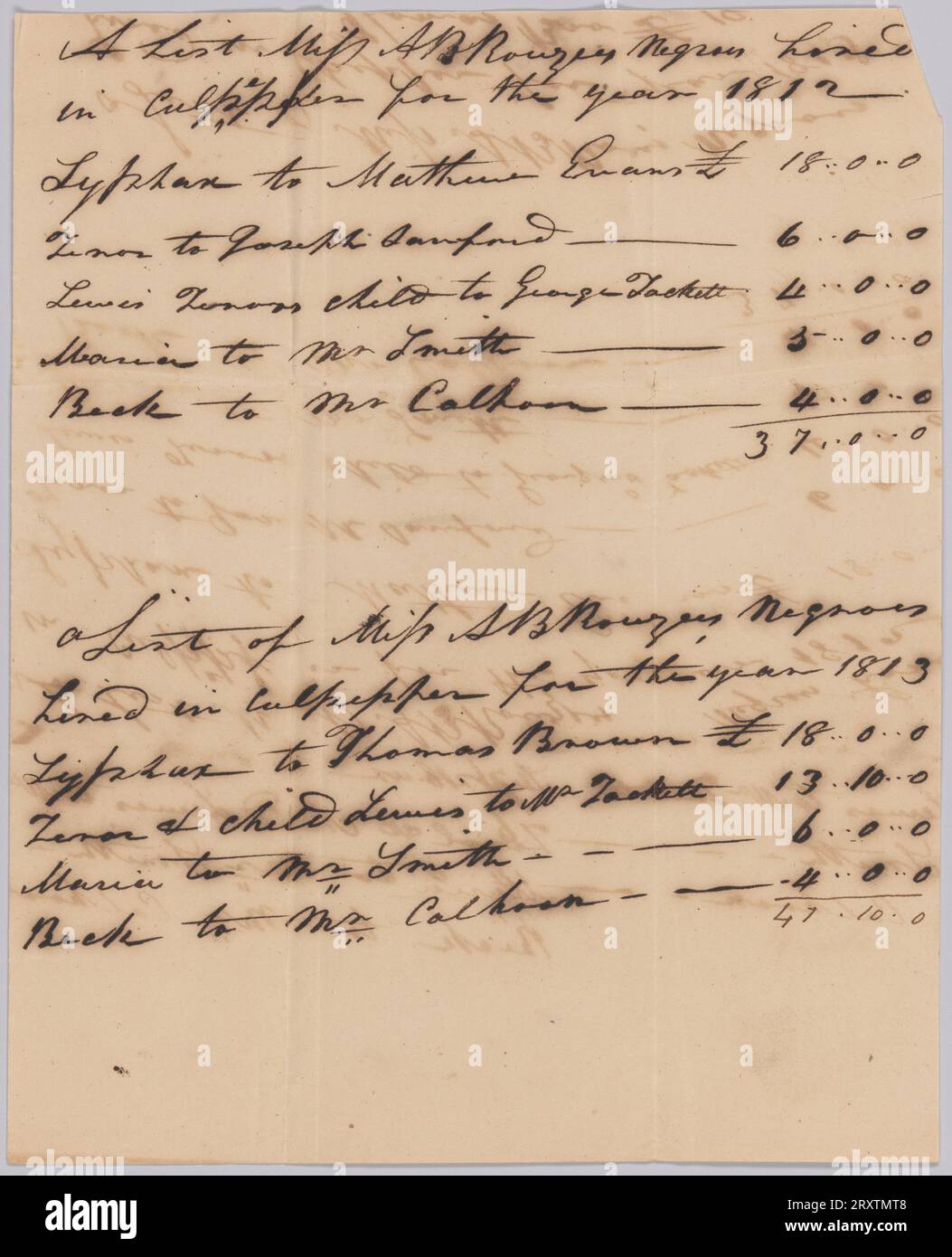 Account of hires of enslaved persons belonging to Apphia Rouzzee for 1812 1812-1813 Stock Photo
