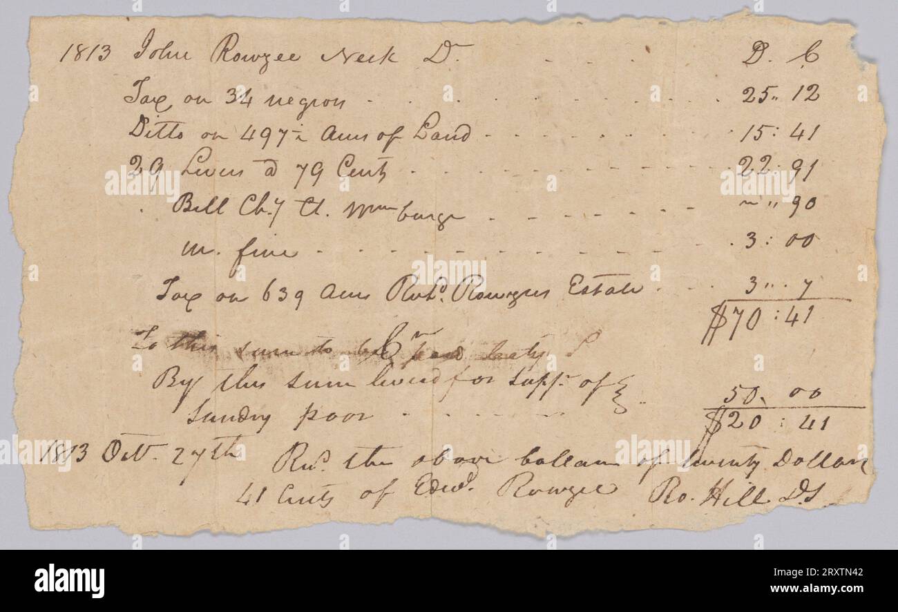 Record of taxable property, including enslaved persons, owned by John Rouzee October 27, 1813 Stock Photo