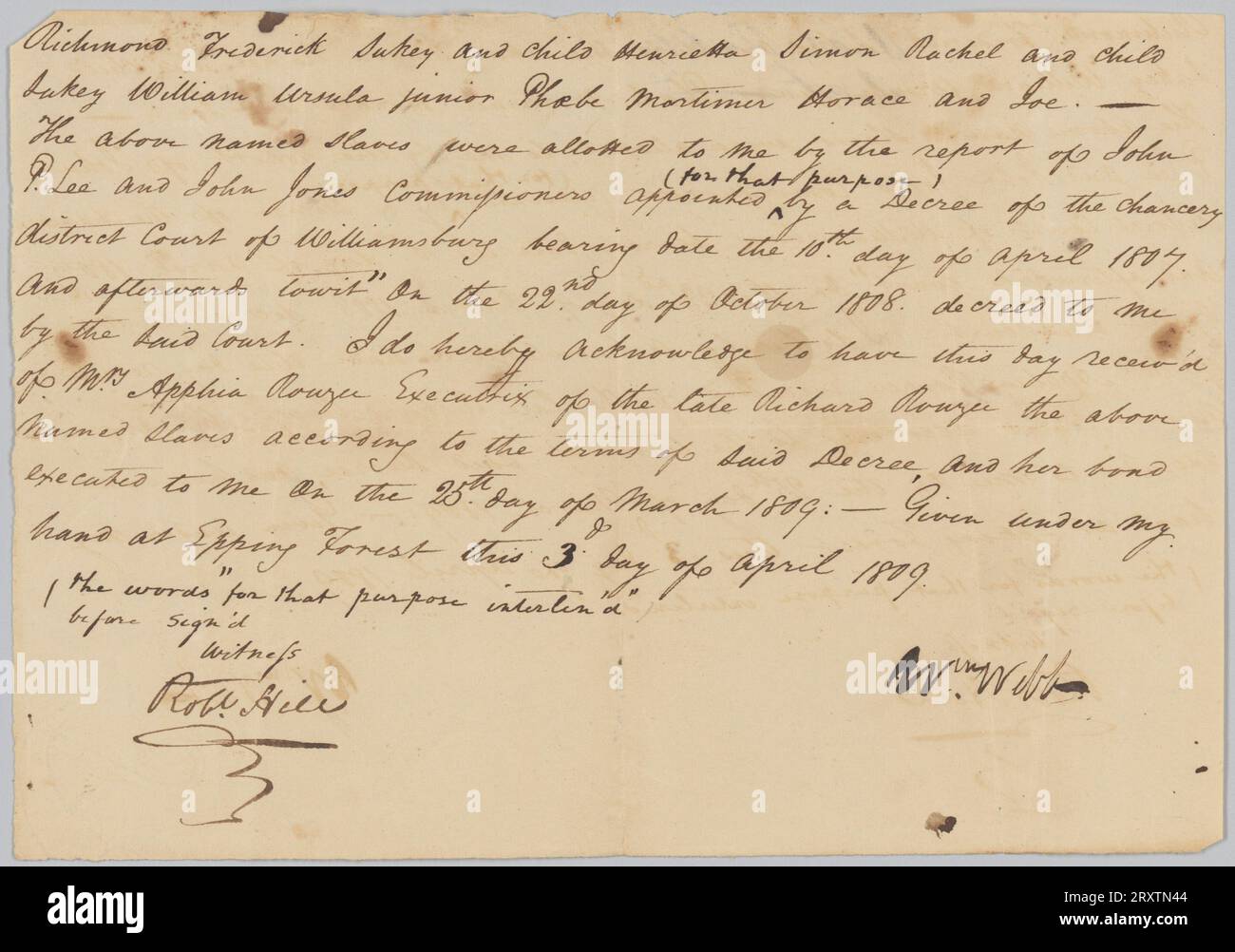 Deed of transfer of enslaved persons from the estate of Richard Rouzee April 3, 1809 Stock Photo