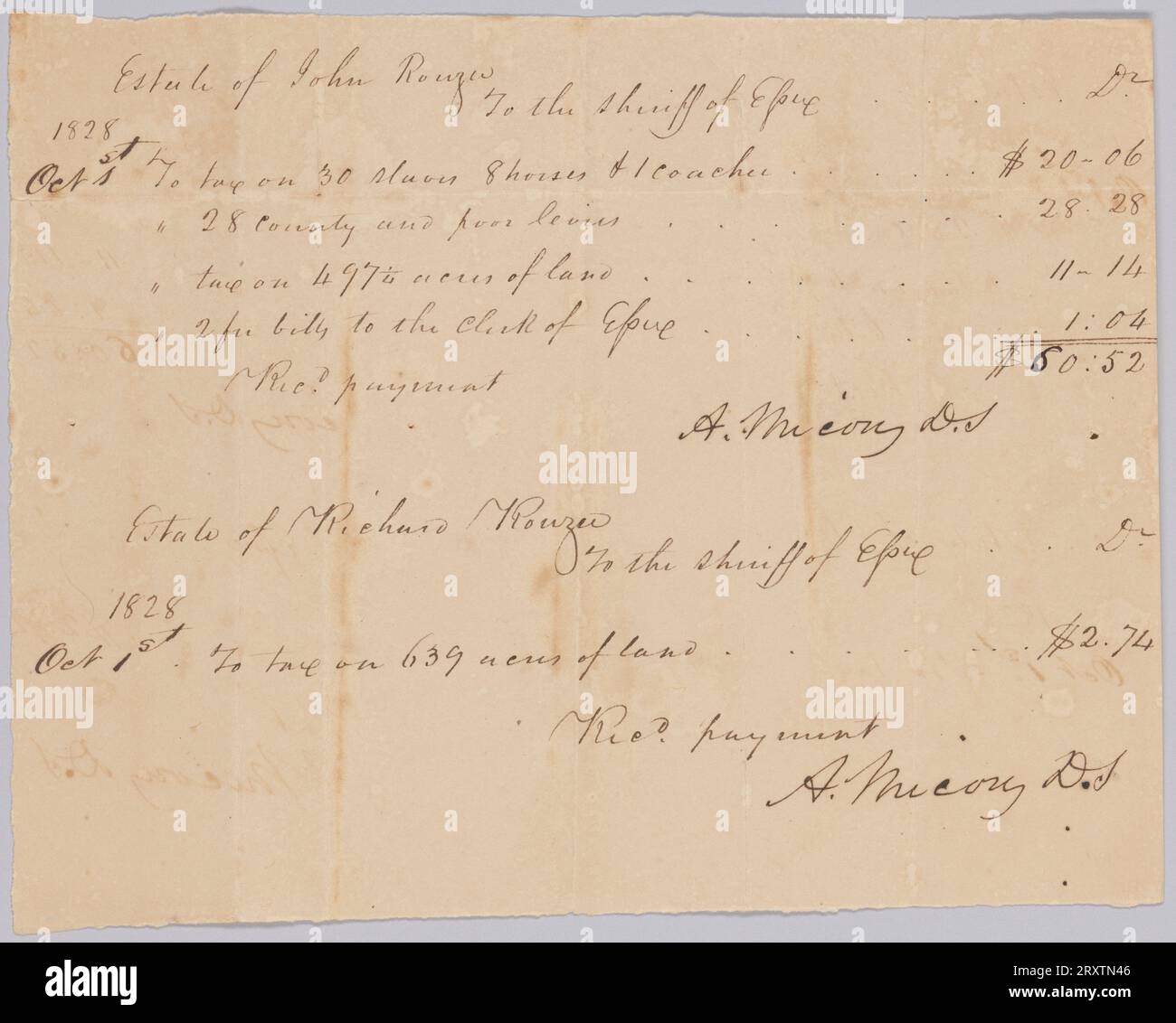 Record of taxable property, including enslaved persons, owned by Rouzee estates October 1, 1828 Stock Photo