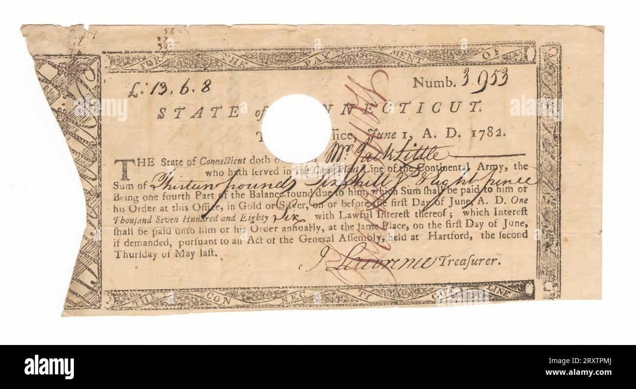 Revolutionary War pay certificate of a Black soldier named Jack Little, from the 2nd Company, 4th Regiment of the Conneticut Line, in the Continental Army.  Dated June 1, 1782 for the amount of 13.6.8 pounds. It is inscribed and signed with an 'X' on the back. Stock Photo