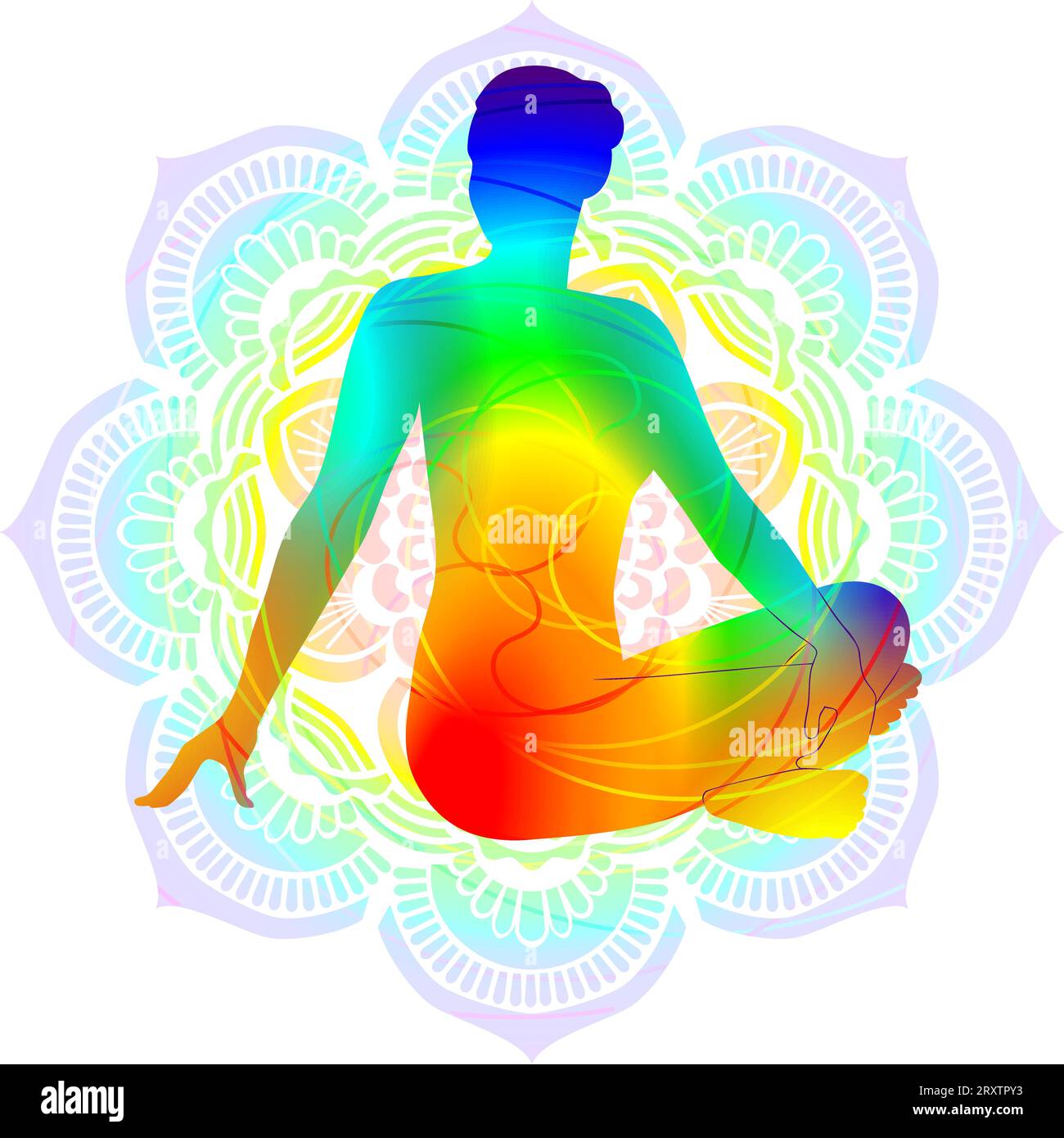 Colorful silhouette yoga posture. Seated Twist pose. Parivritta Sukhasana. Isolated vector illustration. Mandala background. Stock Vector