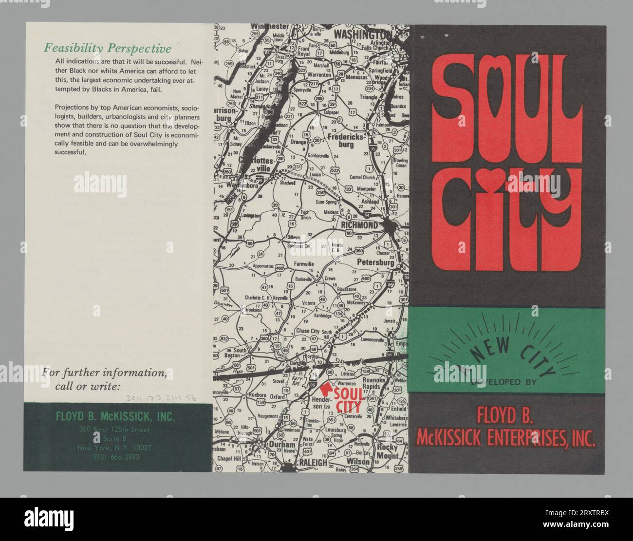 Promotional pamphlet for Soul City. The pamphlet is black with red letters and green banner across the bottom. The words [SOUL / CITY] are in red bubble letters. The rest of the cover reads [A NEW CITY/ DEVELOPED BY / FLOYD B. / McKISSICK ENTERPRISES, INC.]. The inside of the pamphlet describes Soul City and outlines why the city is necessary and how it will operate and sustain iself. The back of the pamphlet is a black and white map showing the area from Washington, D.C. to Raleigh, North Carolina. [Soul City] is highlighted in red letters on the map just north of Raleigh. Stock Photo