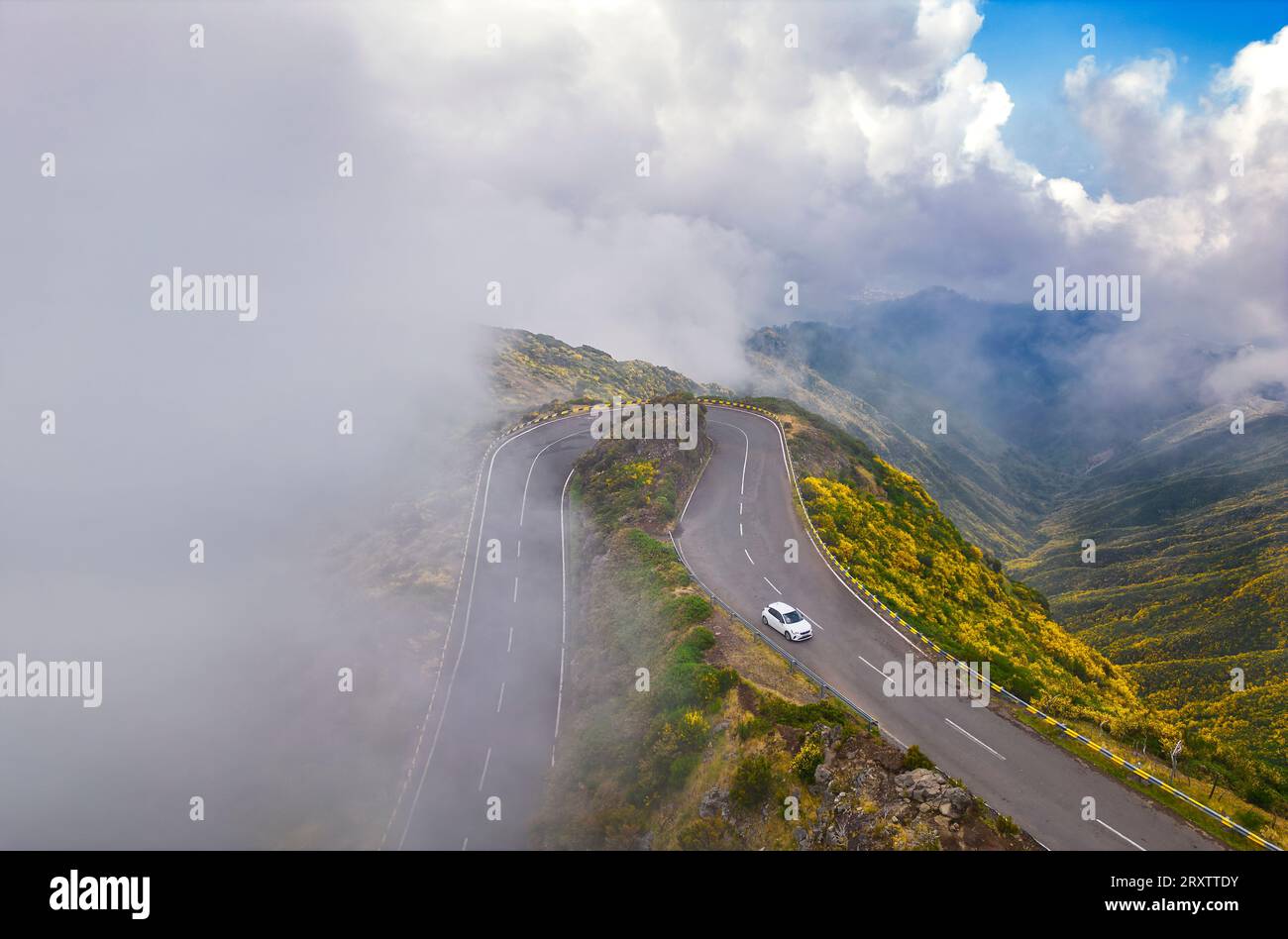 Aerial view of a car at Lombo do Mouro, Laurel's forest, Paul da Serra, Madeira, Portugal, Atlantic, Europe Stock Photo