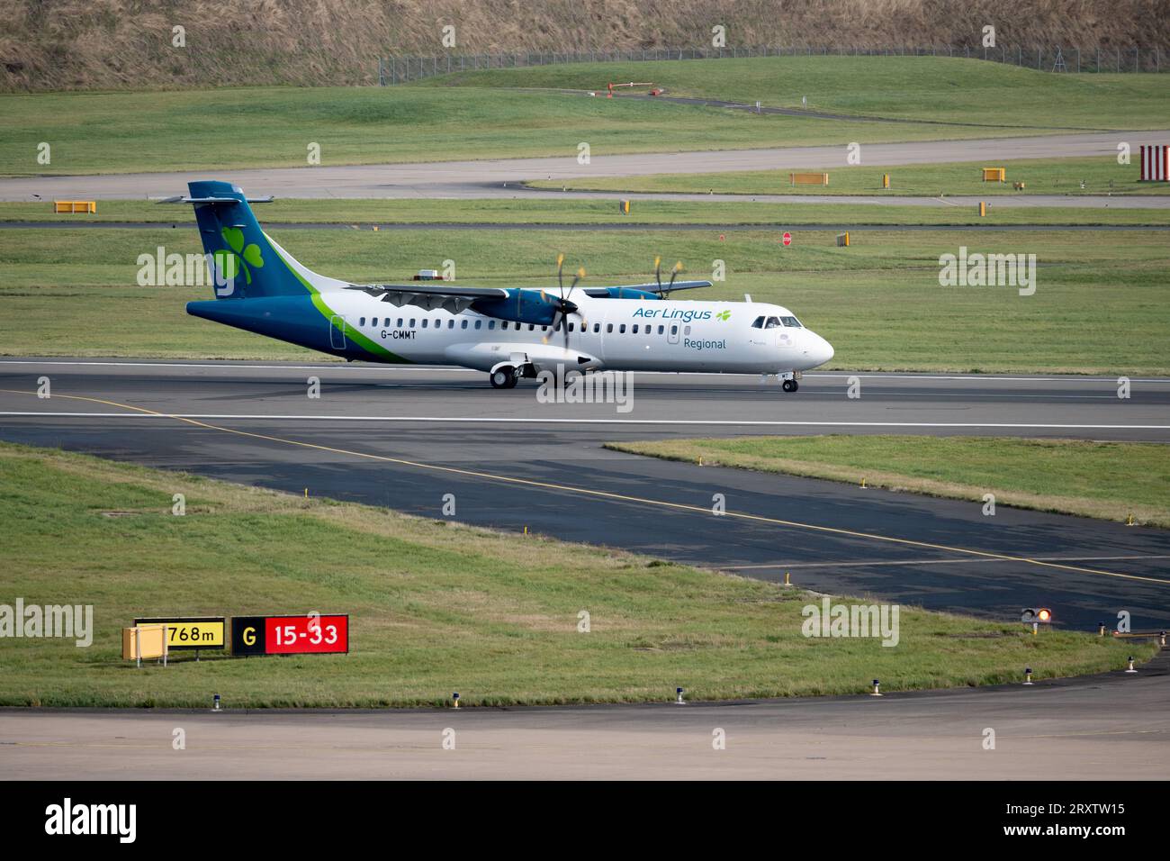 Aer Lingus Regional ATR72-600 landing at Birmingham Airport, UK (G-CMMT) Stock Photo