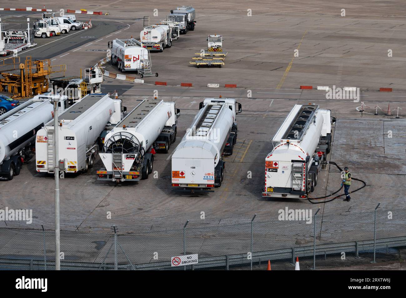 Fuel tanker lorries at Birmingham Airport, UK Stock Photo