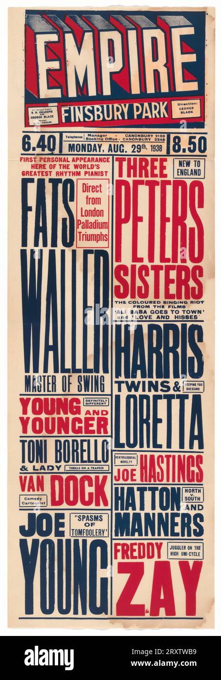 A poster for an appearance of 'Fats' Waller in London at the Empire Theatre at Finsbury Park, August 29th, 1938 Stock Photo