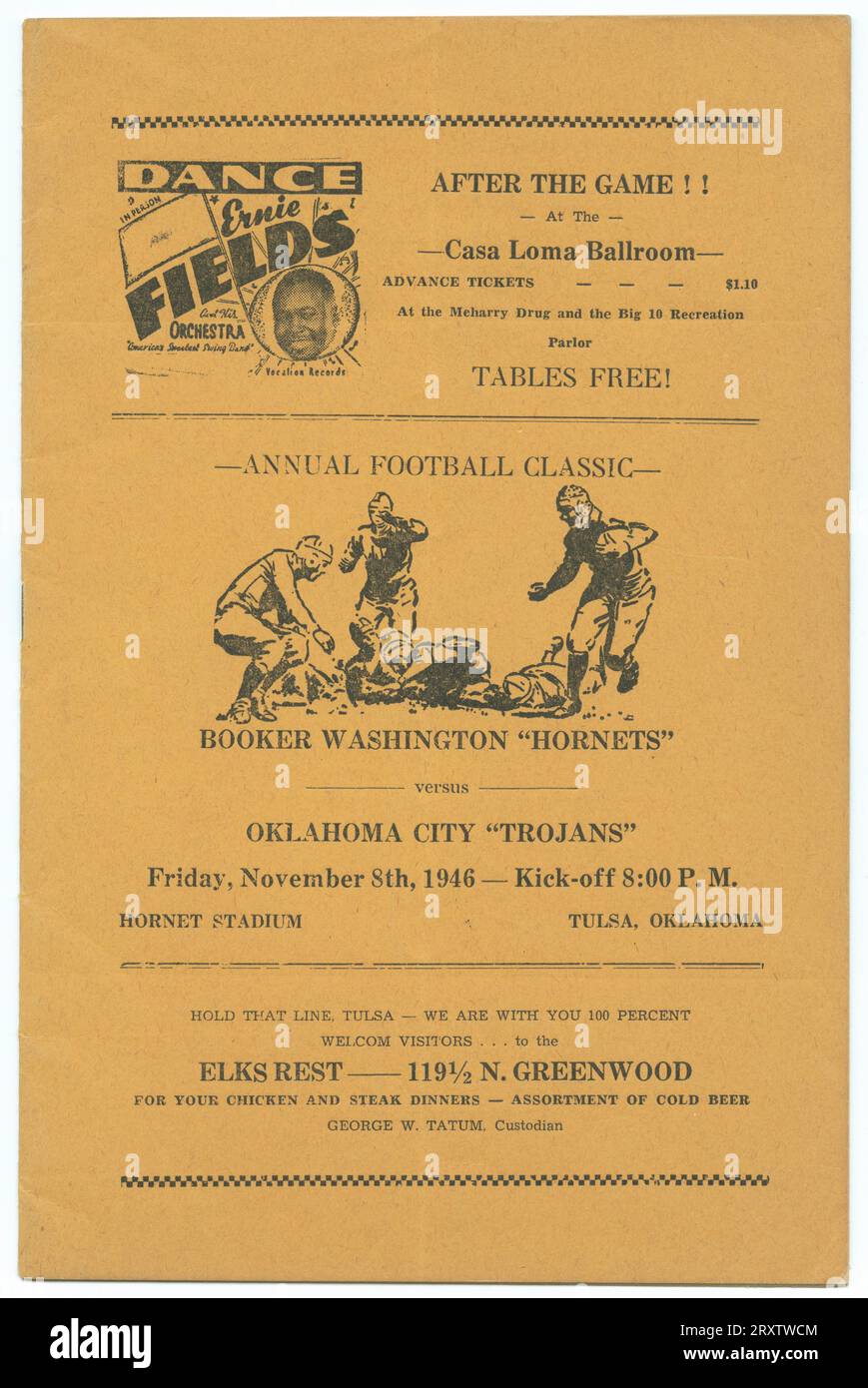 A football program for a game between Tulsa's Booker T. Washington High School 'Hornets' and the Oklahoma City 'Trojans'. Stock Photo