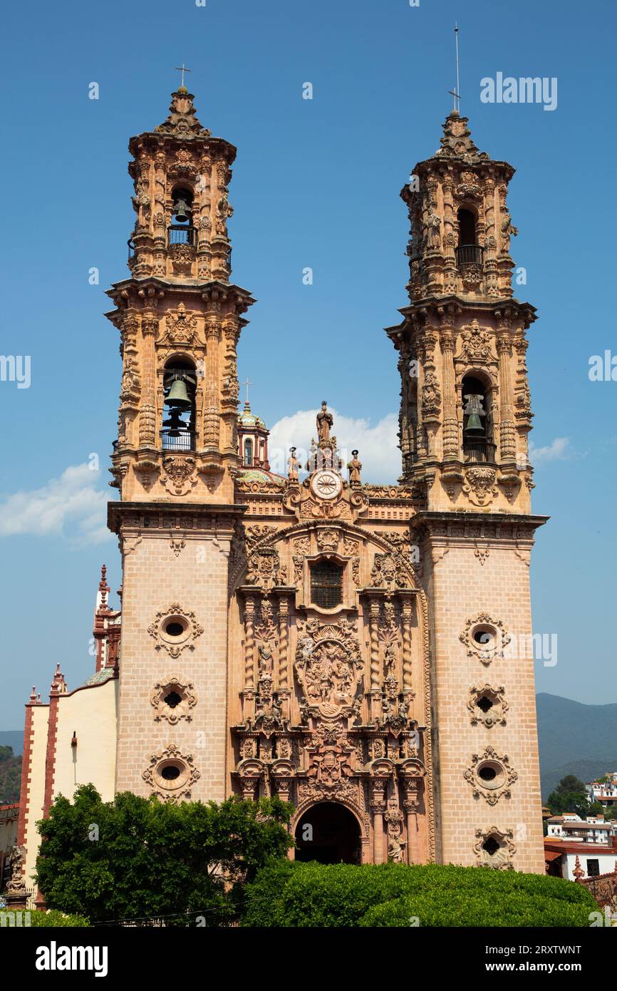 Churrigueresque Style Towers, Church of Santa Prisca de Taxco, founded 1751, UNESCO World Heritage Site, Taxco, Guerrero, Mexico, North America Stock Photo